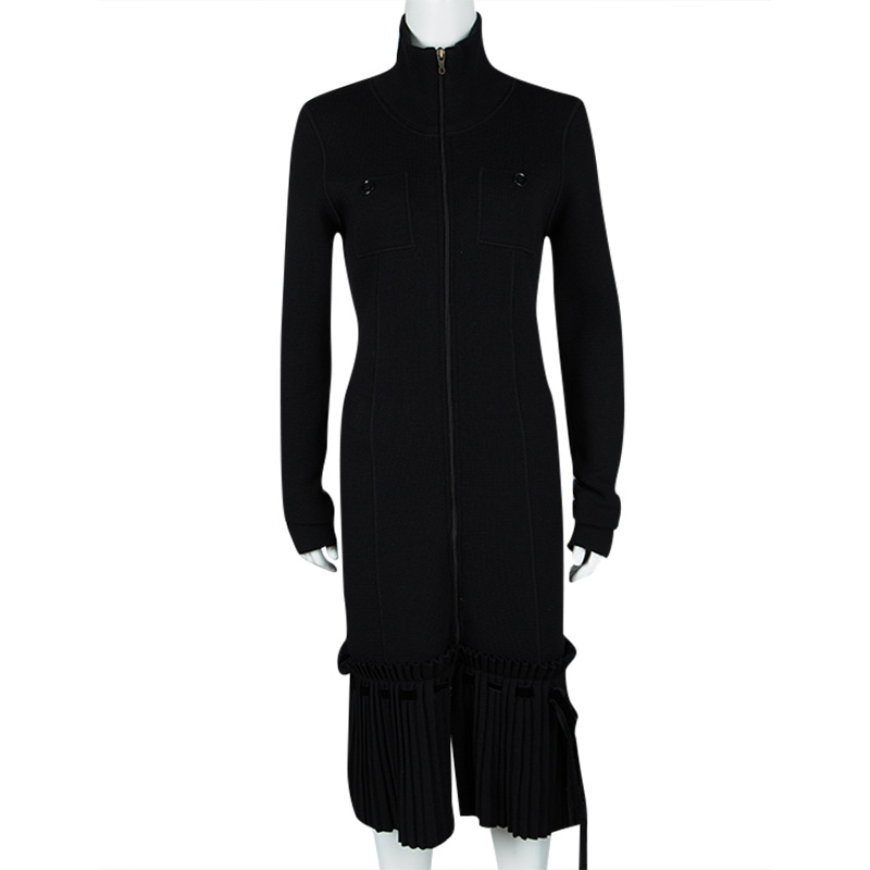 

Valentino Black Wool Pleated Bottom Hem Detail Long Sleeve Dress