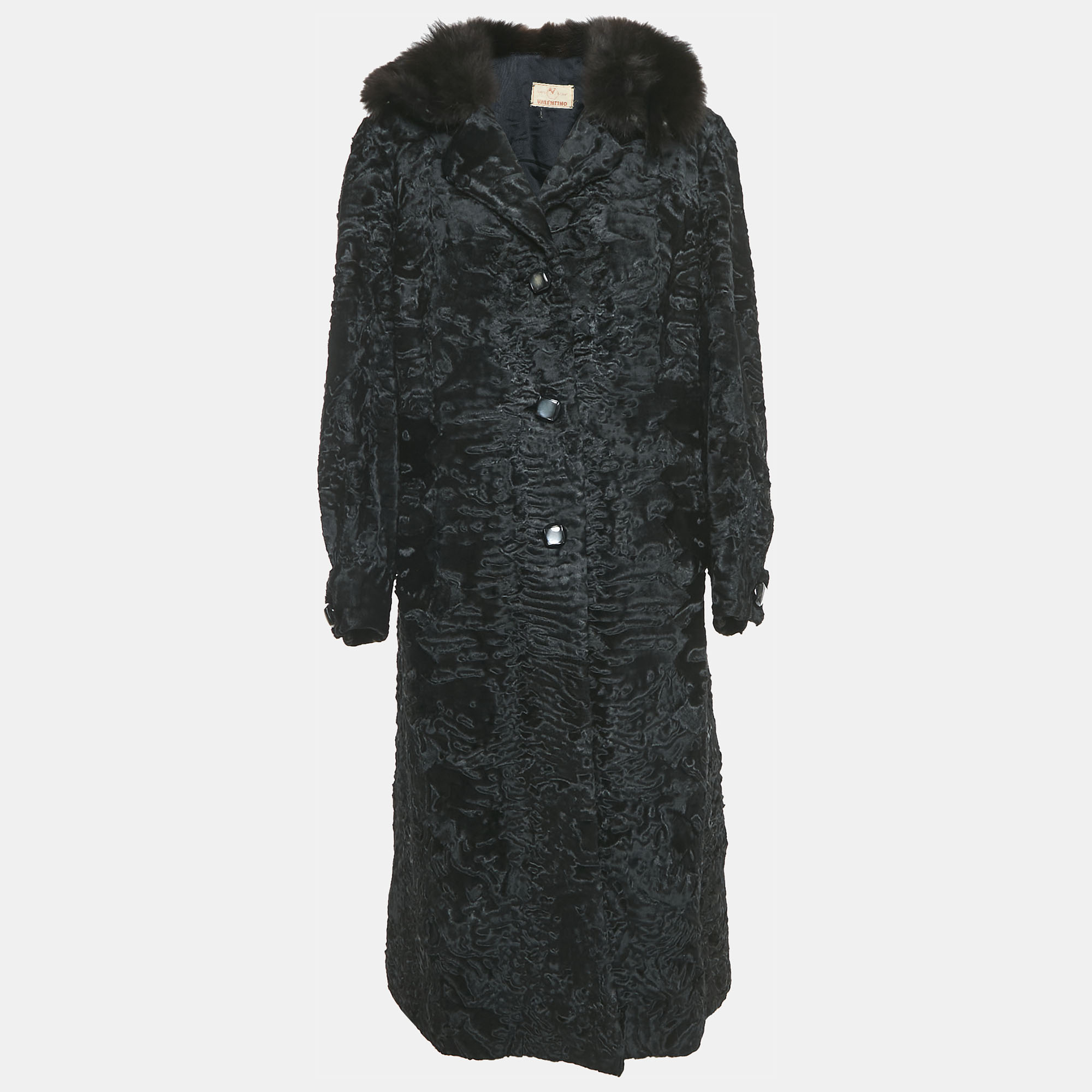 

Valentino Vintage Black Real Fur Trim Collar Shearling Overcoat L
