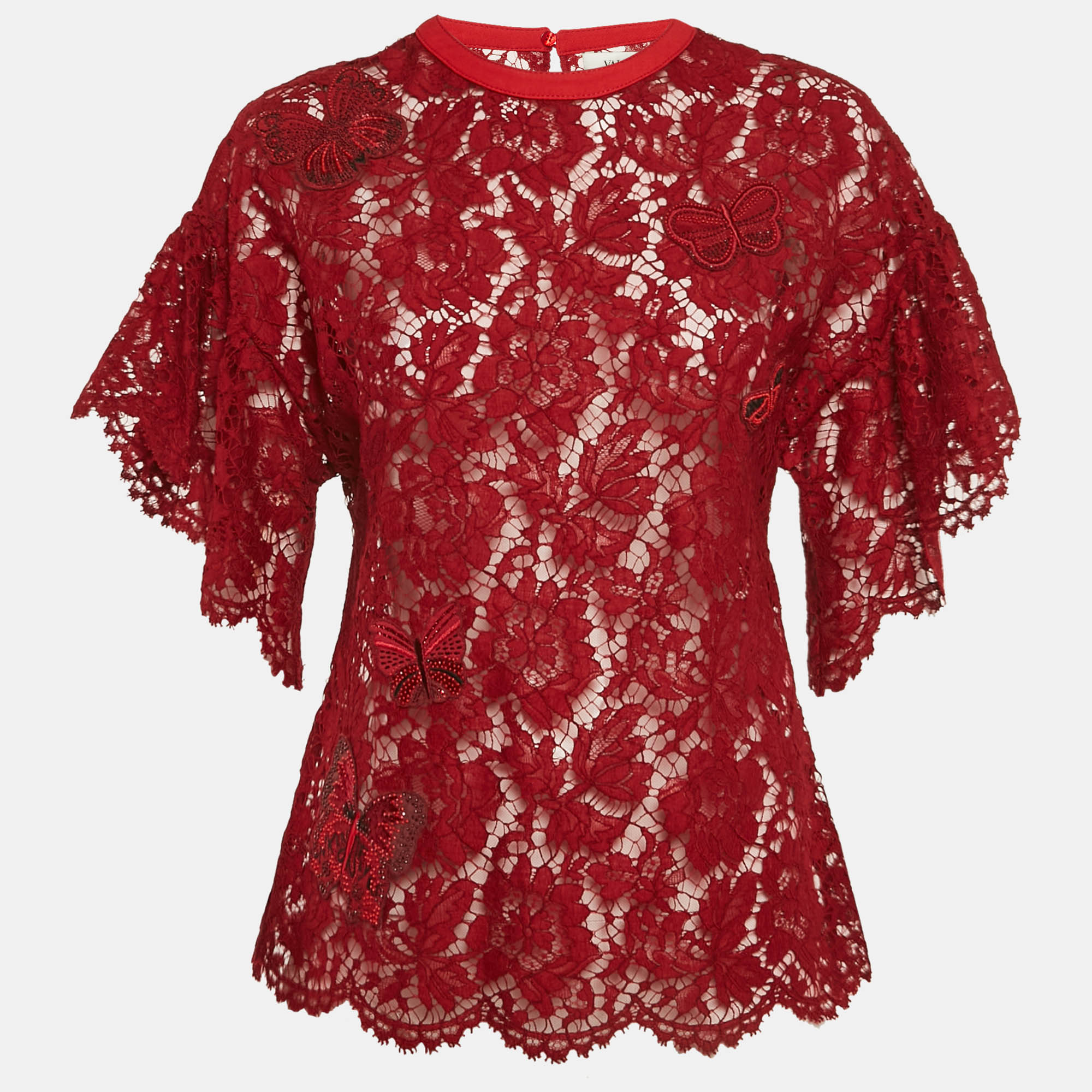 

Valentino Red Butterfly Applique Lace Sheer Top S