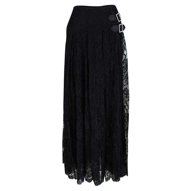 Valentino Black Lace Studded Buckle Detail Layered High Waist Maxi Skirt M