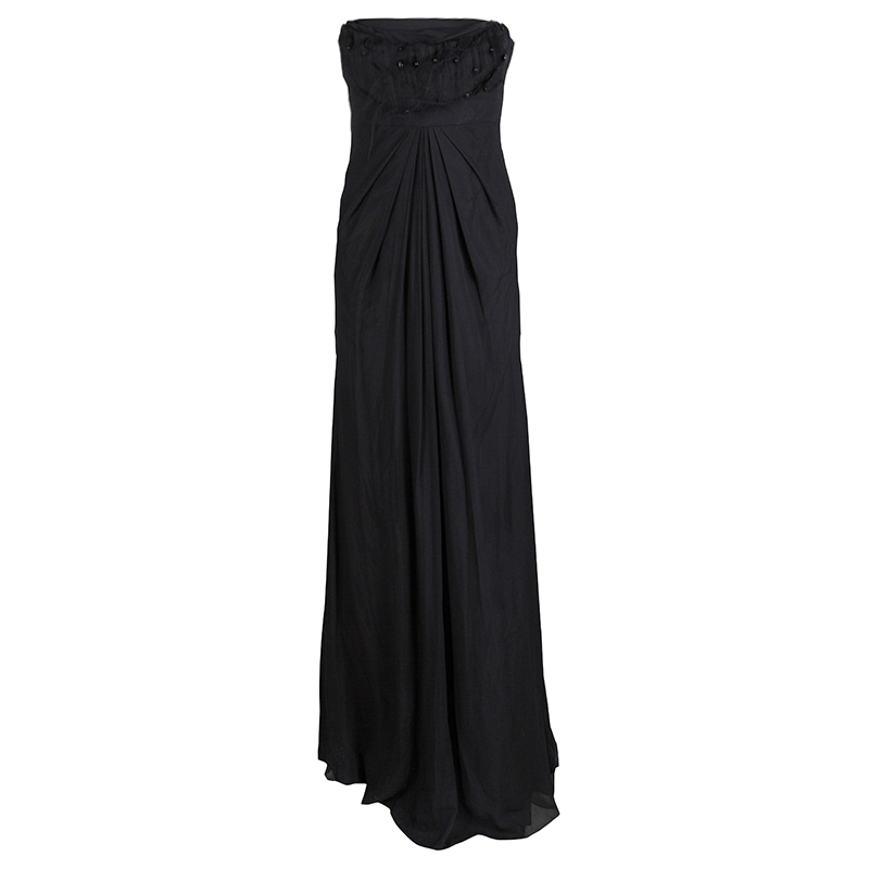 Pre Owned Valentino Black Beaded Silk Strapless Gown S
