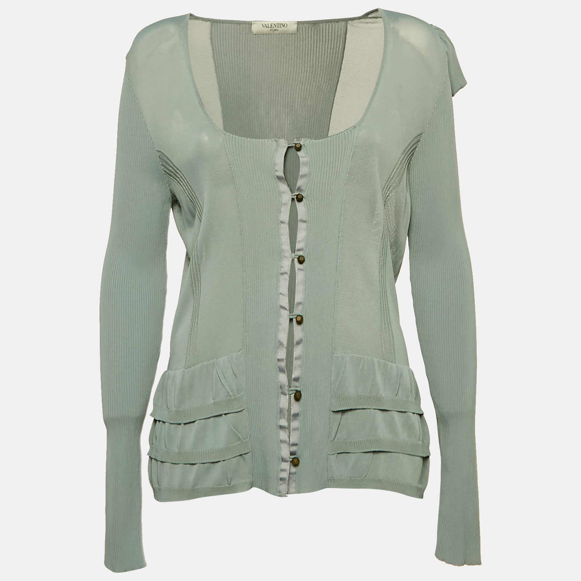 

Valentino Blue Jersey Ruffled Button Front Cardigan M