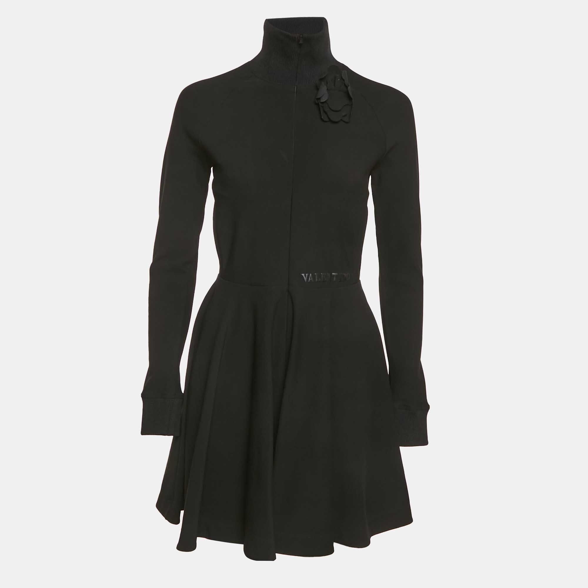 

Valentino Black Jersey Floral Applique Mini Dress M
