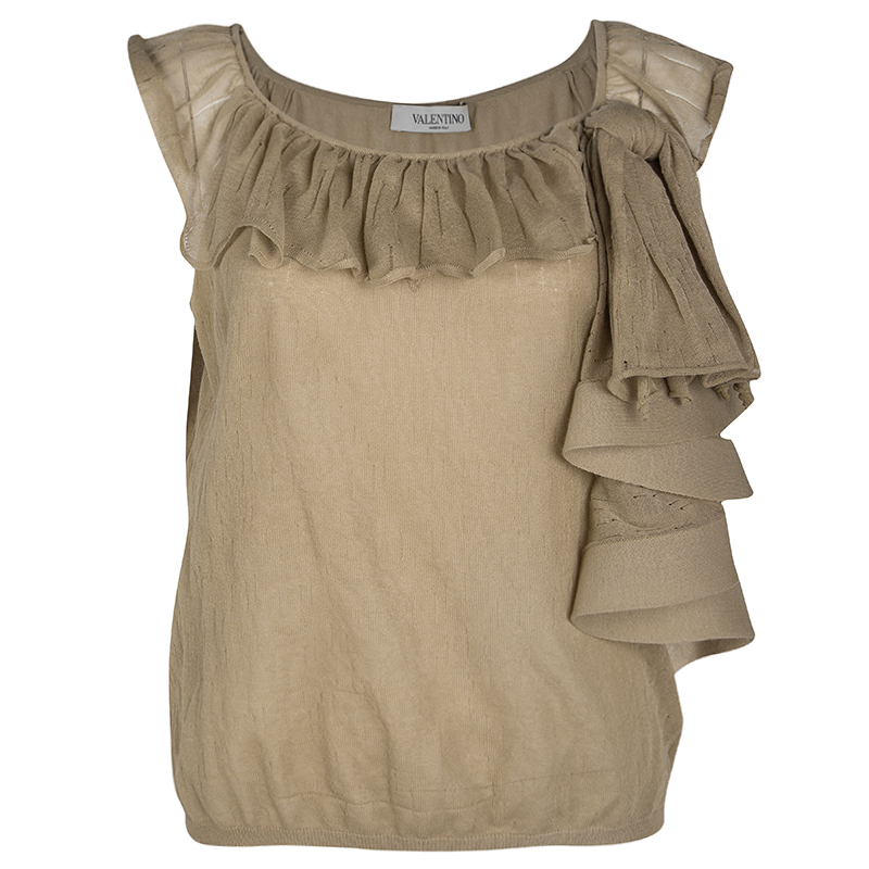 Valentino Beige Perofrated Knit Ruffled Top S