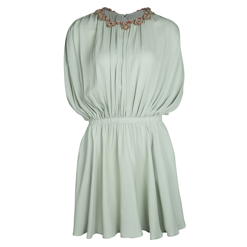 Pre Owned Valentino Pastel Green Silk Embellished Neck Detail Sleeveless Gathered Dress S