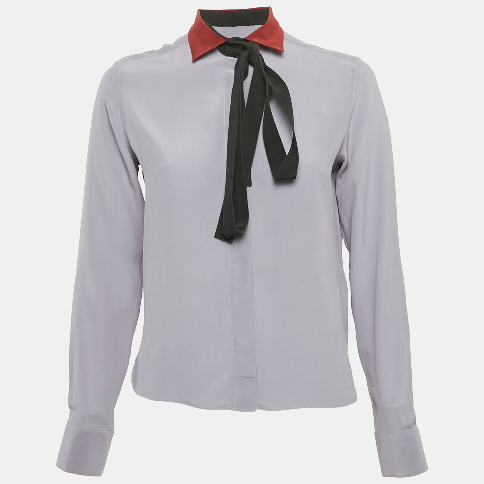 

Valentino Grey Silk Contarst Neck Detail Shirt S