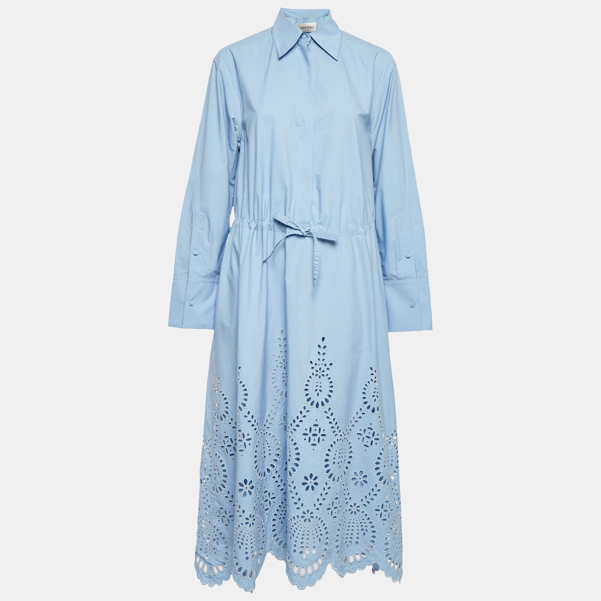 Pre-owned Valentino Blue Broderie Anglaise Cotton Long Sleeve Dress S