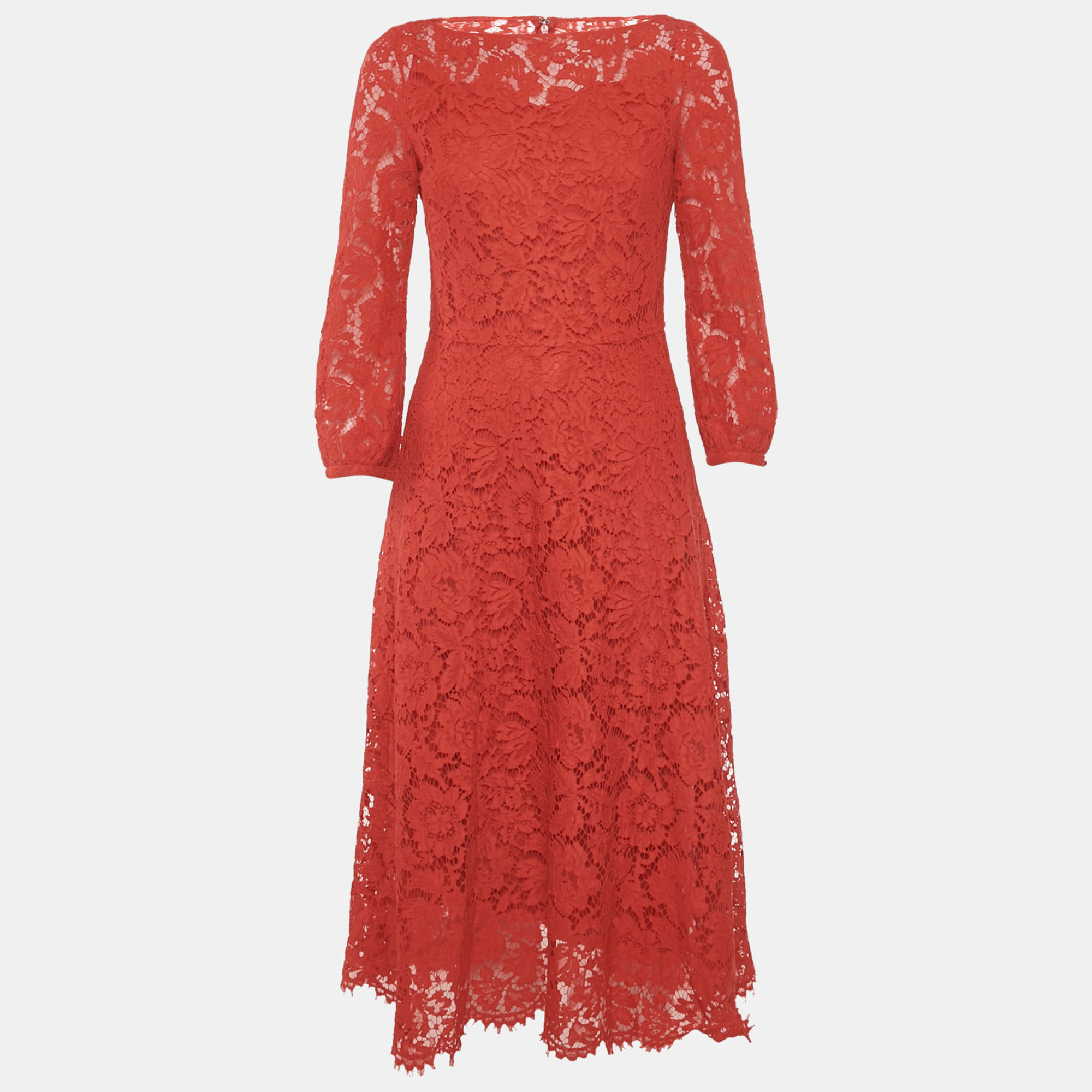 

Valentino Red Corded Lace Long Sleeve Midi Dress M