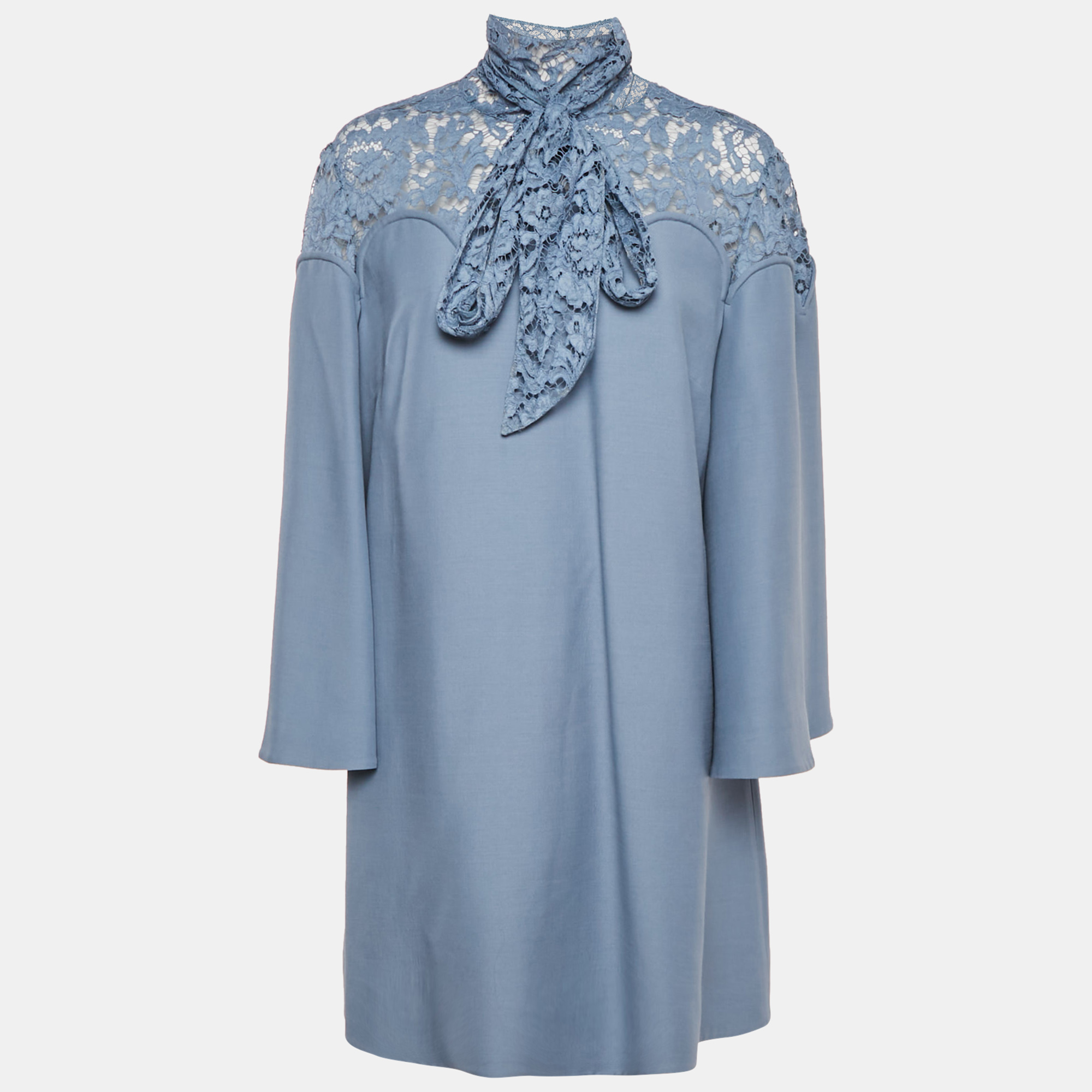 Pre-owned Valentino Blue Wool Blend Lace Detail Shift Dress L
