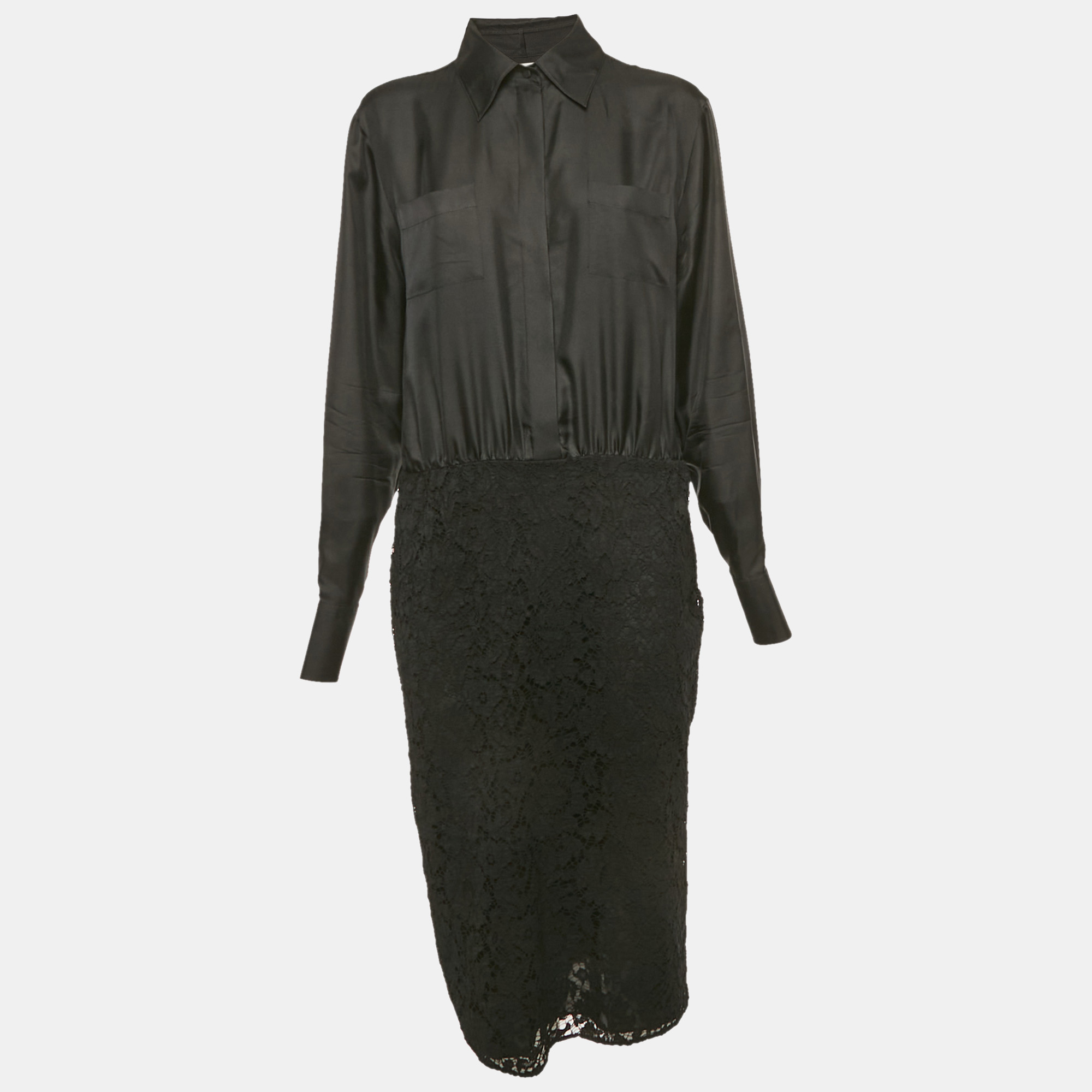 Pre-owned Valentino Black Lace And Satin Long Sleeve Midi Dress L