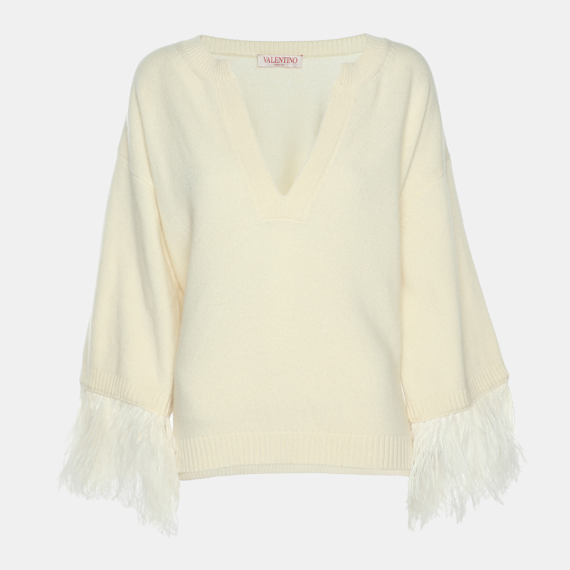 Pre-owned Valentino Cream Wool Blend And Ostrich Feather Pullover M