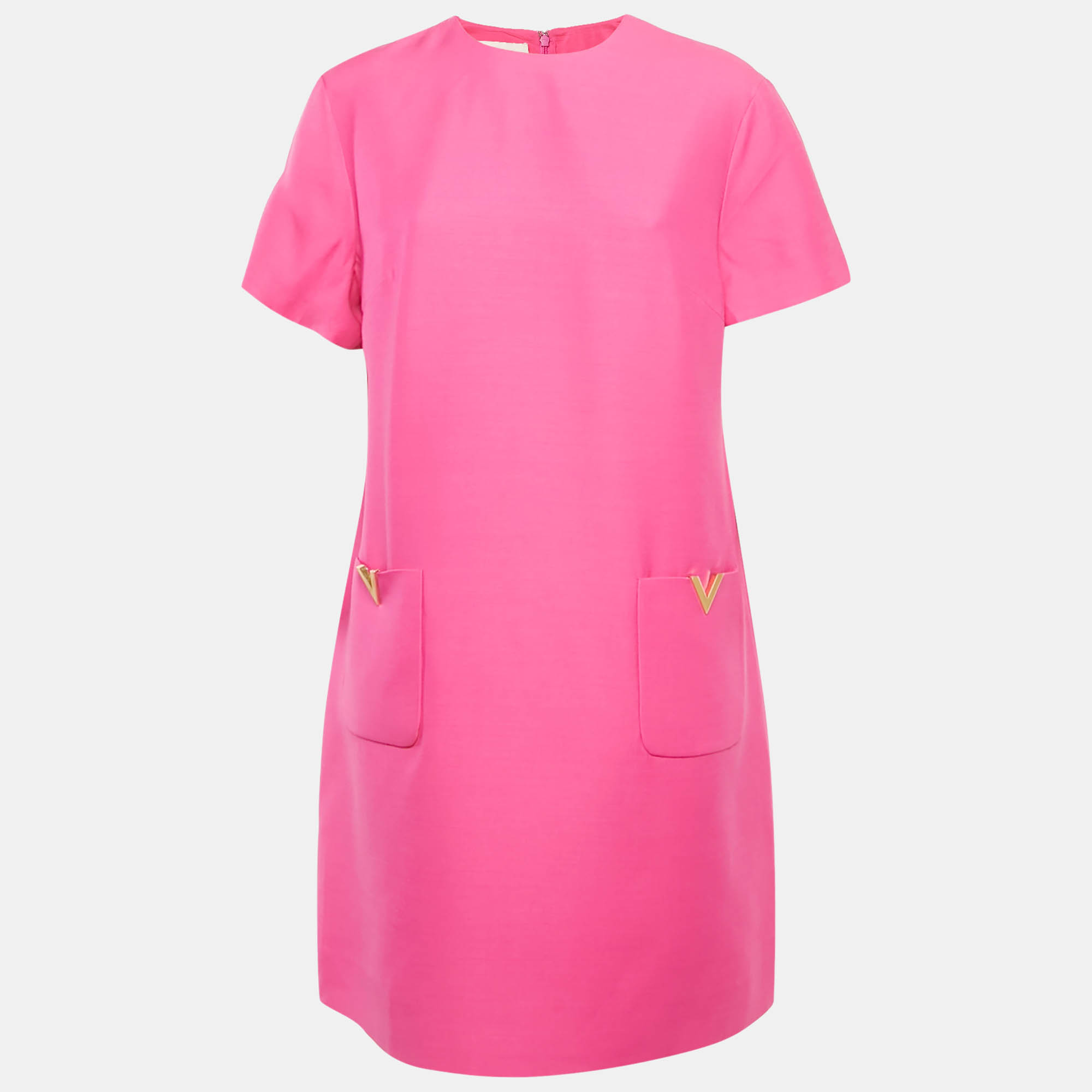 Pre-owned Valentino Pink Wool Blend V Metal Detail Shift Dress L