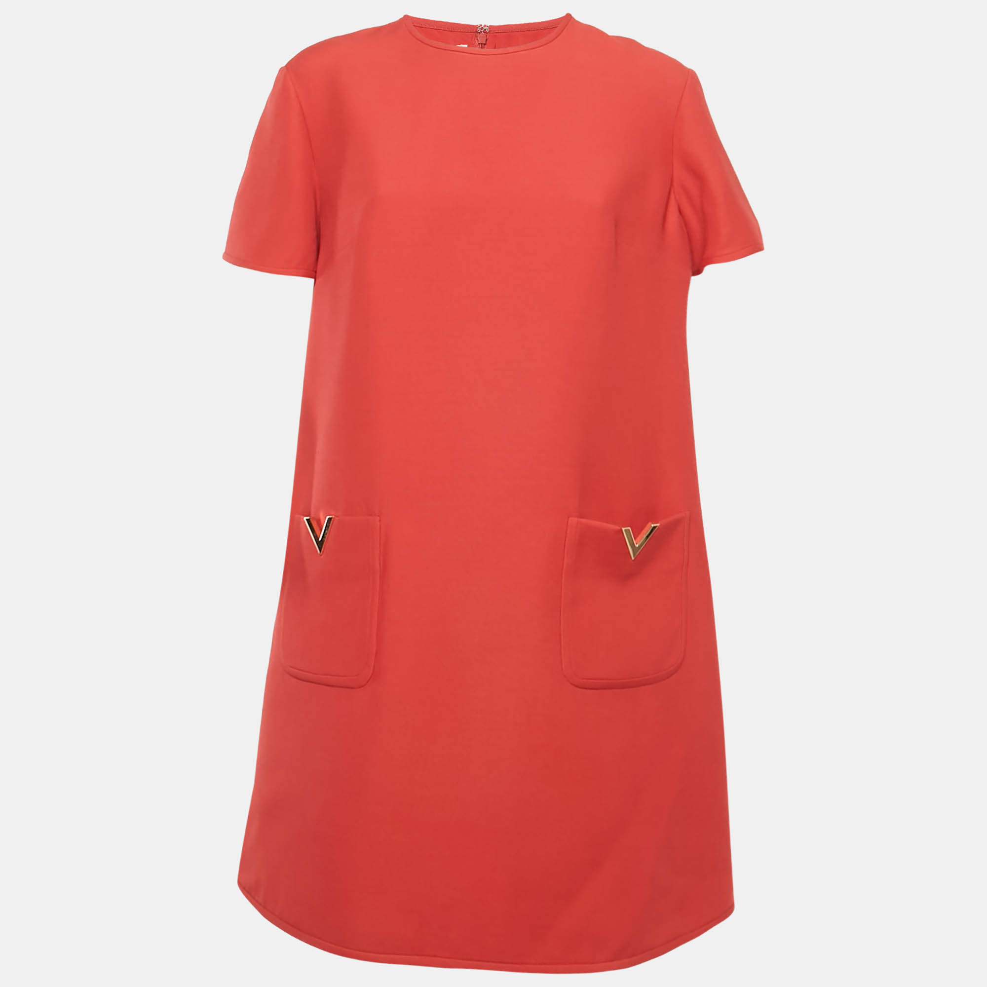 

Valentino Red Wool Blend V Metal Detail Shift Dress L