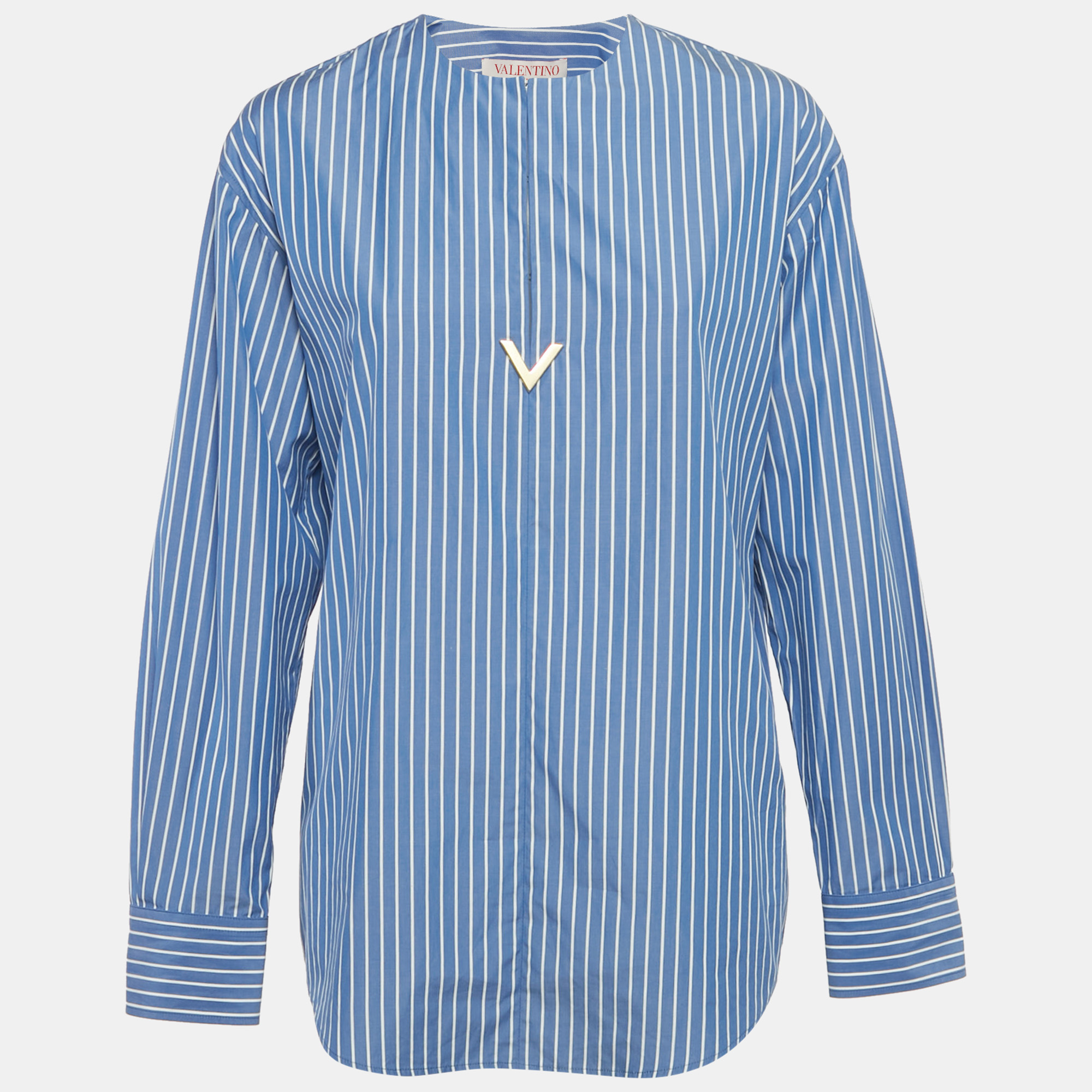 Pre-owned Valentino Blue Stripe Cotton Logo Plaque Detail Blouse S