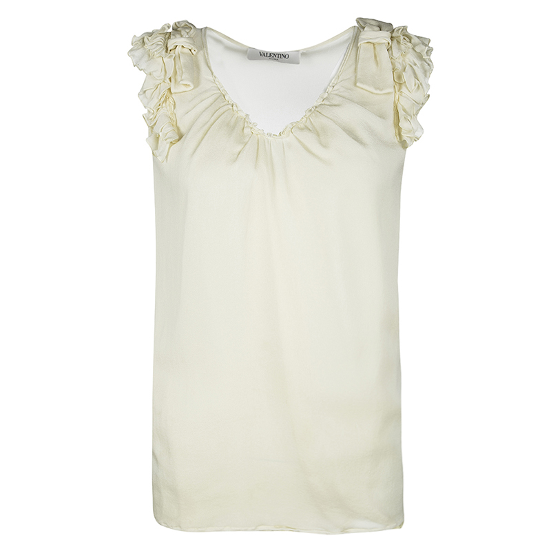 Pre Owned Valentino Pastel Yellow Silk Ruffle and Bow Detail Sleeveless Top M