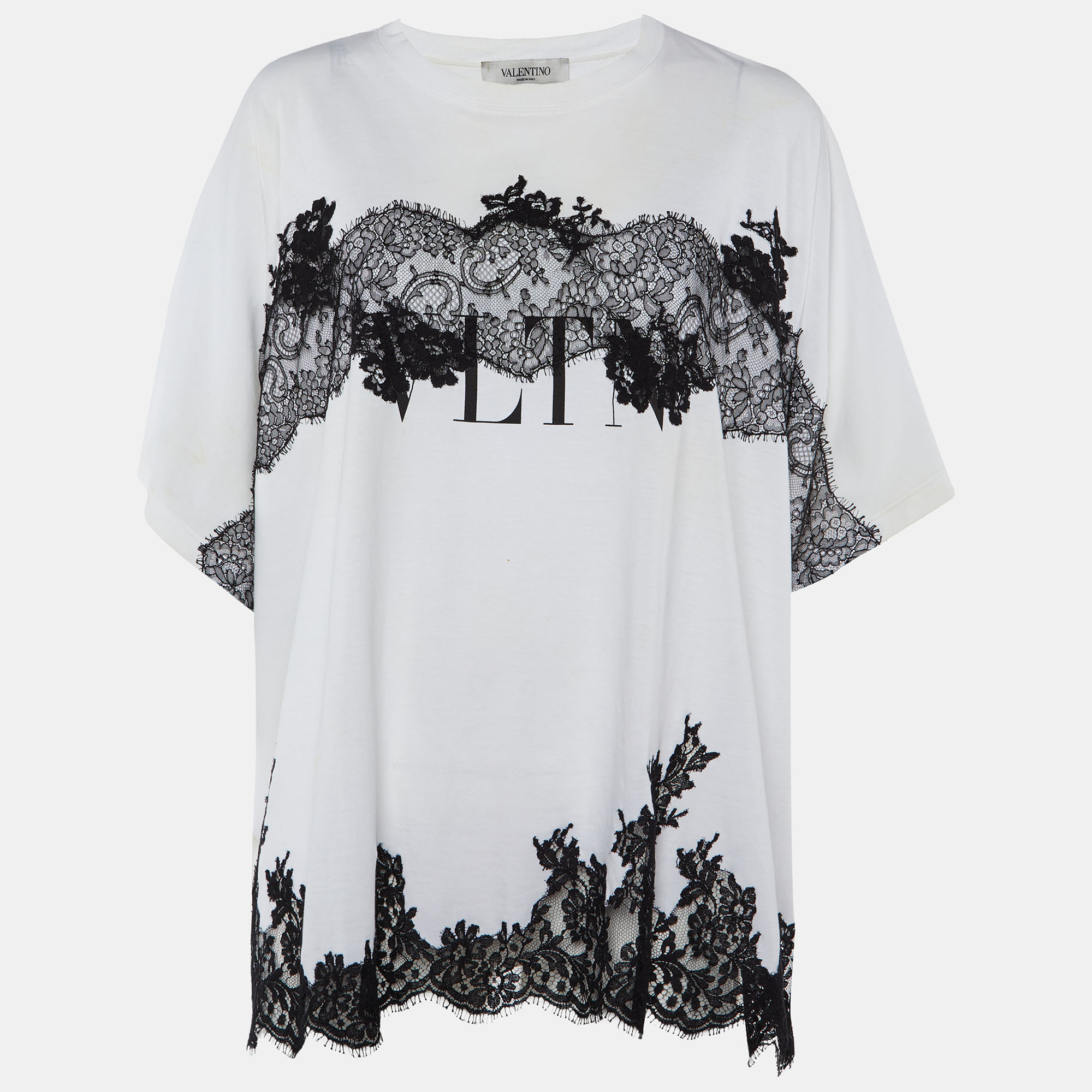 Pre-owned Valentino White Cotton Knit & Black Lace Paneled Oversized T-shirt M