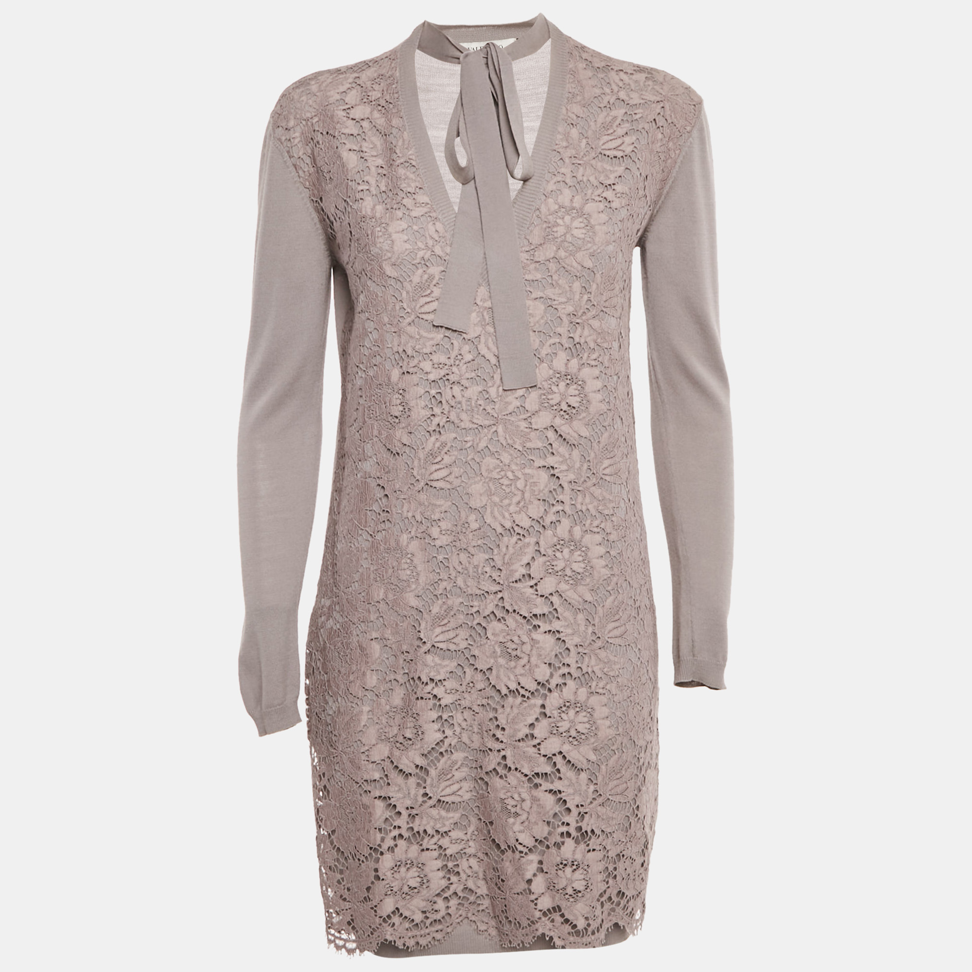 Pre-owned Valentino Mauve Lace And Knit V-neck Sweater Dress S In Gray