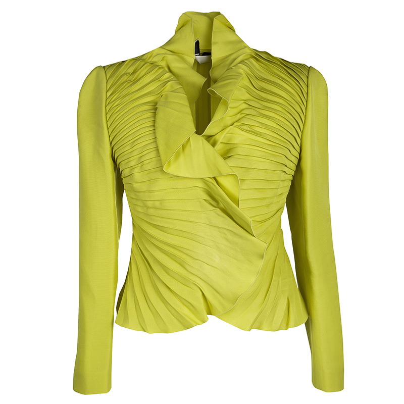 Valentino Yellow Silk Pleated Ruffle Front Jacket M