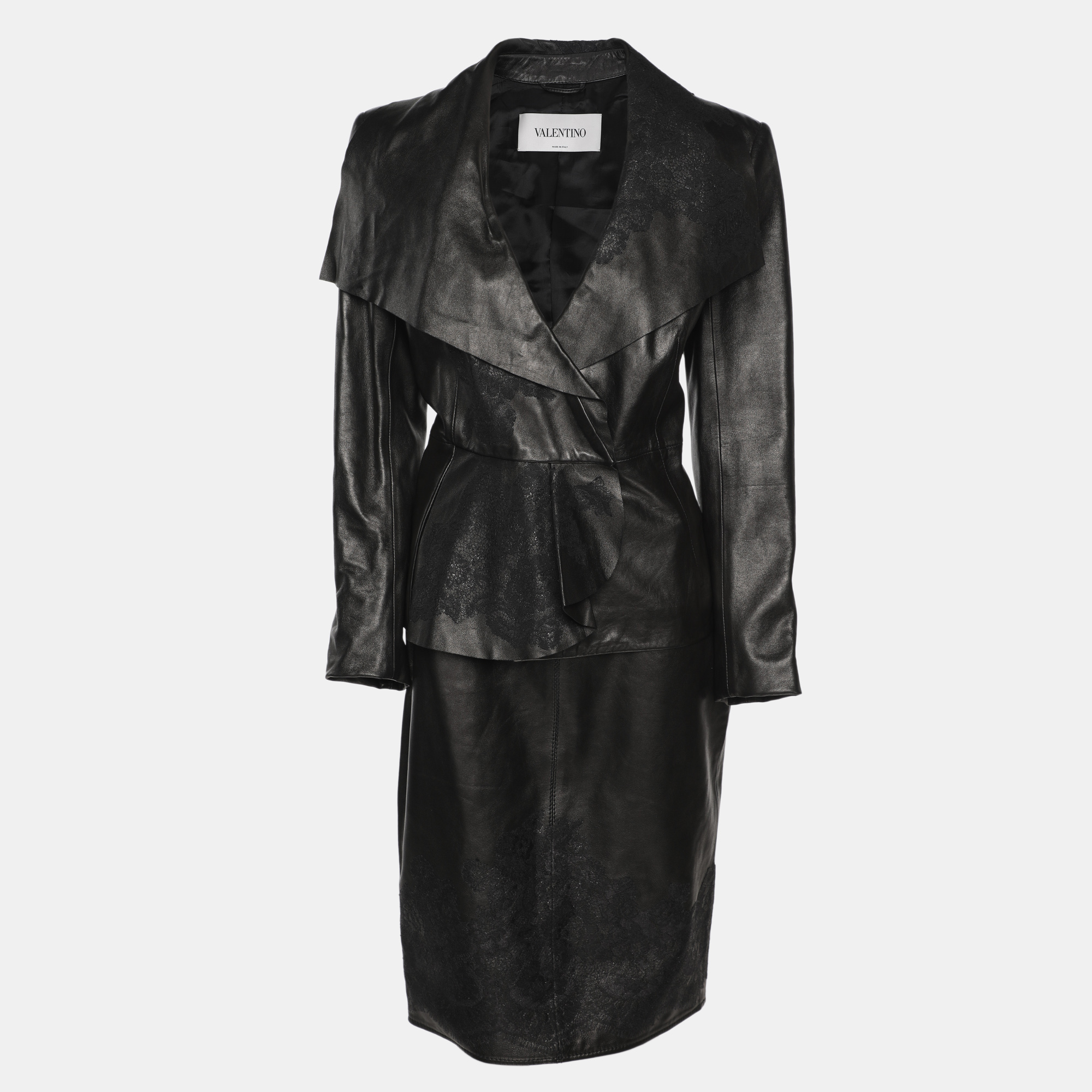 

Valentino Black Leather Lace Trimmed Jacket Skirt Set L/M