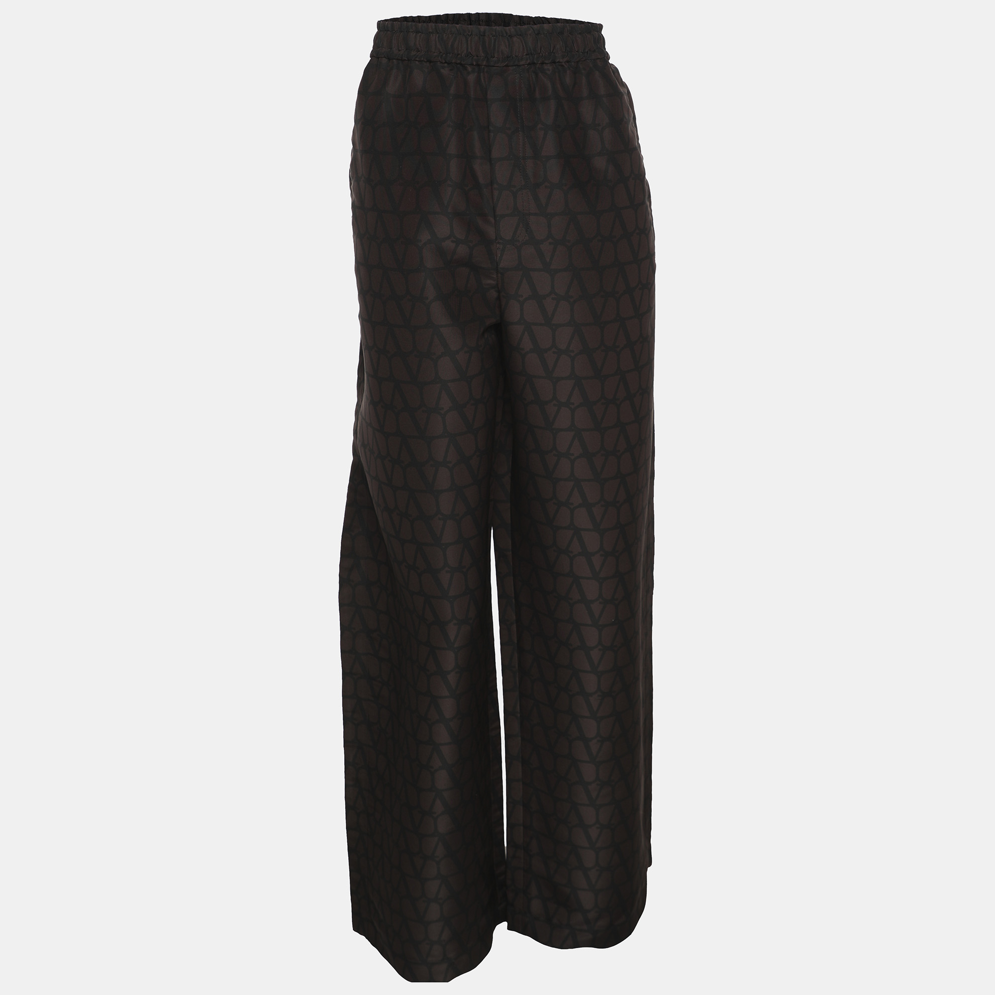 

Valentino Black/Brown Logo Print Silk Wide Leg Trousers XL