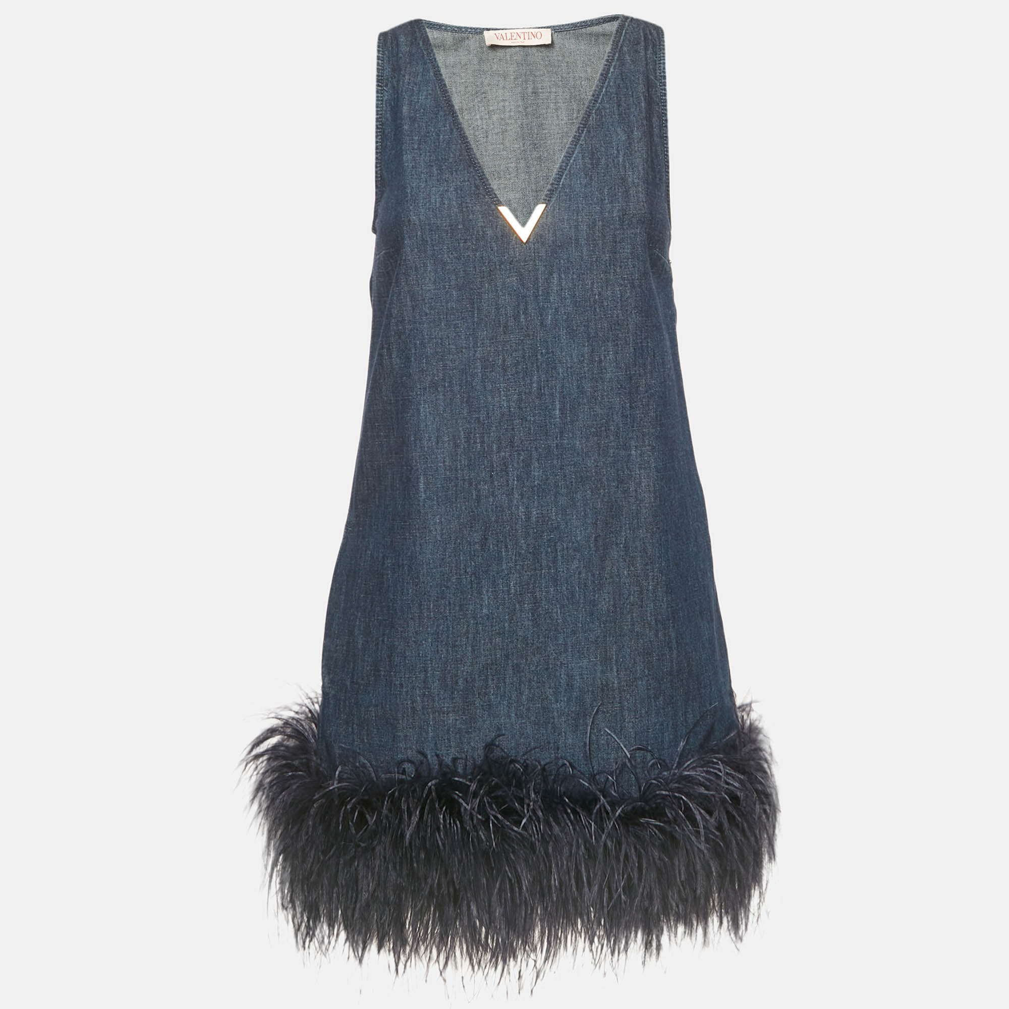 Valentino Blue Feather Trim Denim Shift Dress S