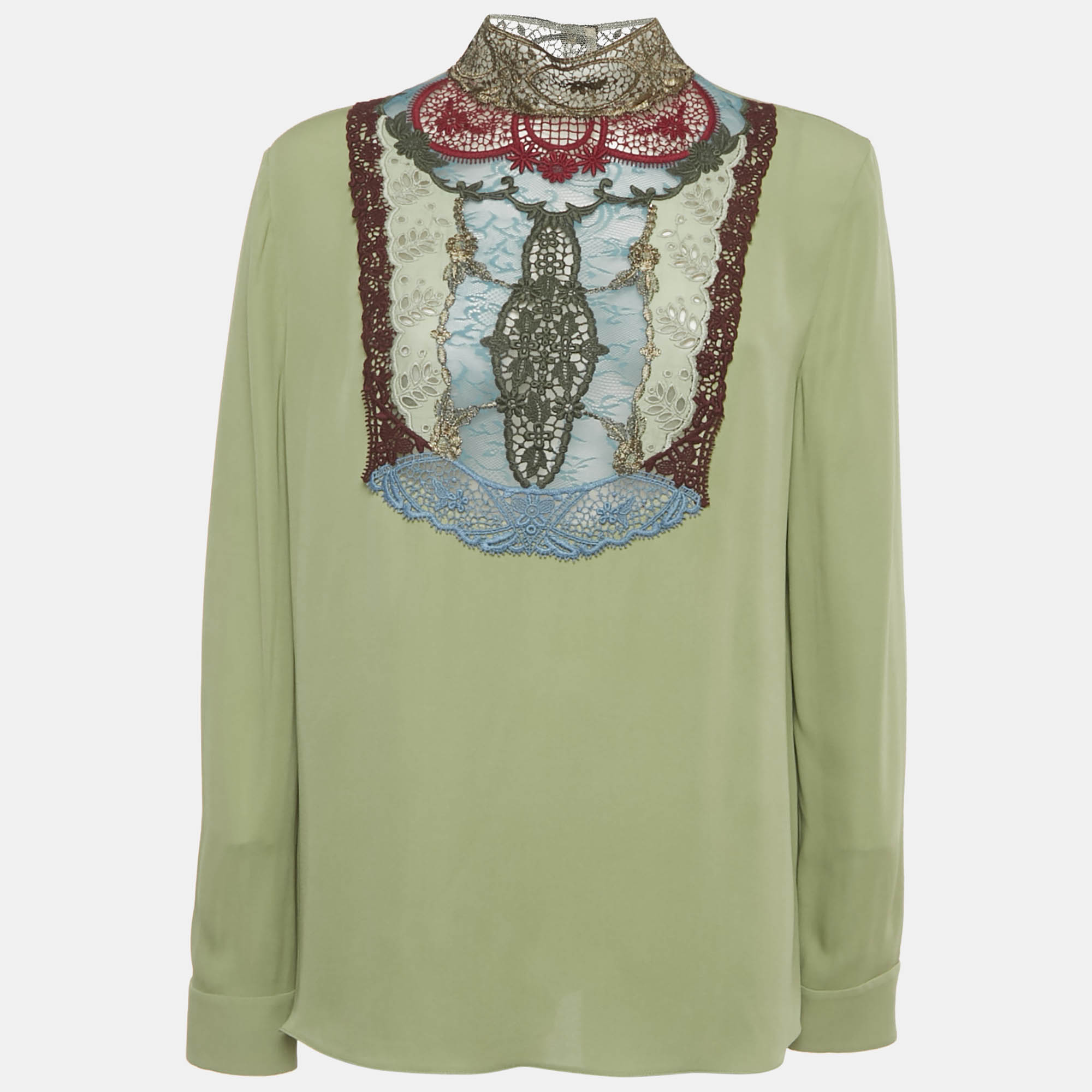 Valentino Green Embroidered Detail Silk Blouse L