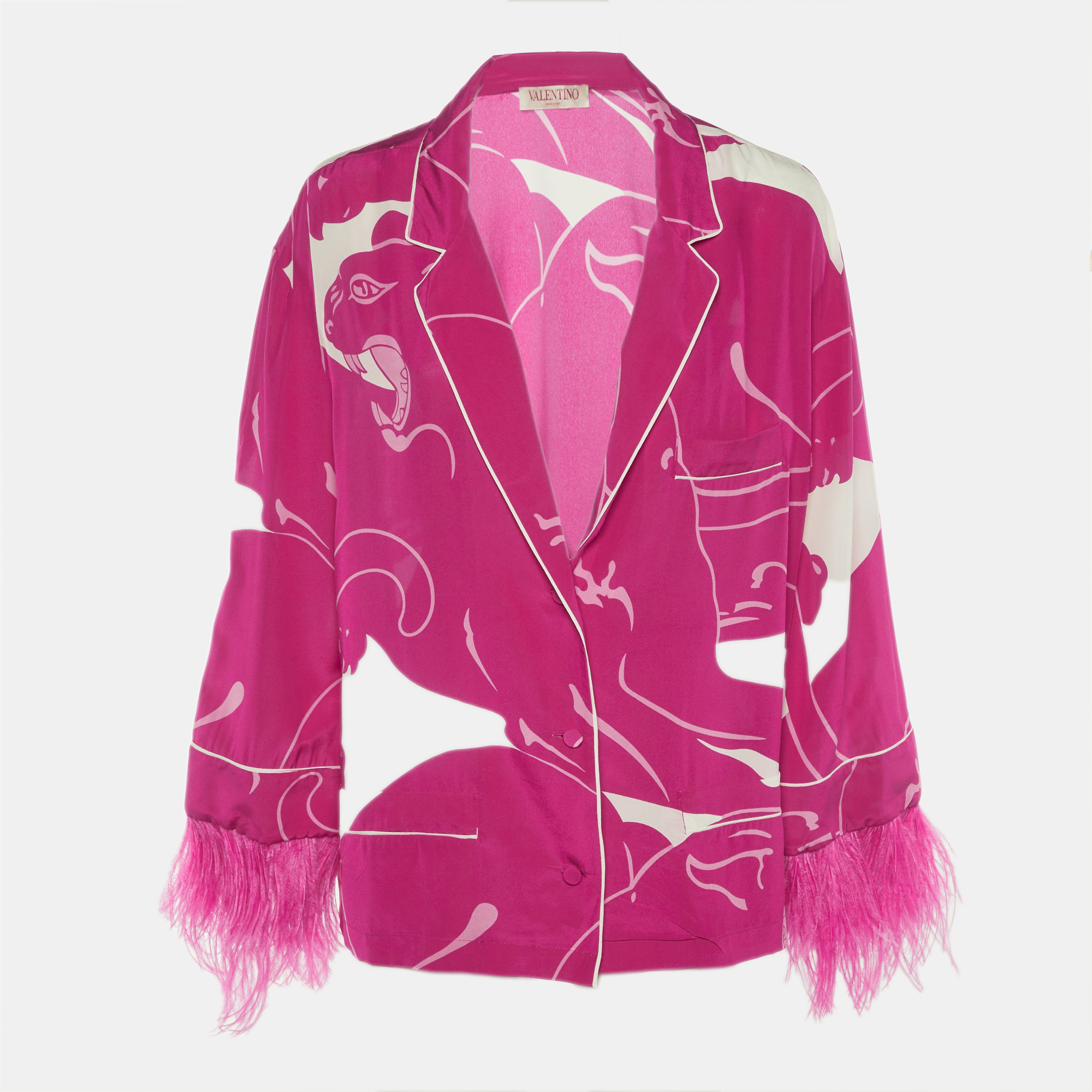 Pre-owned Valentino Pink Panther Print Silk Crêpe De Chine Blouse L
