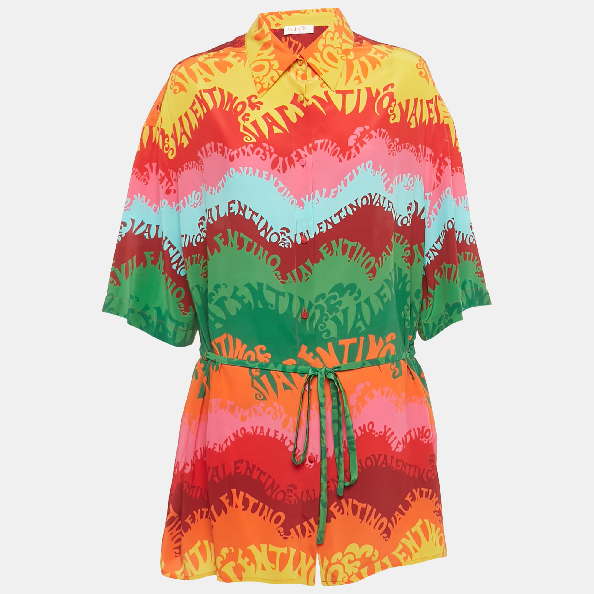 Valentino Multicolor Wave Logo Print Silk Belted Shirt Dress S