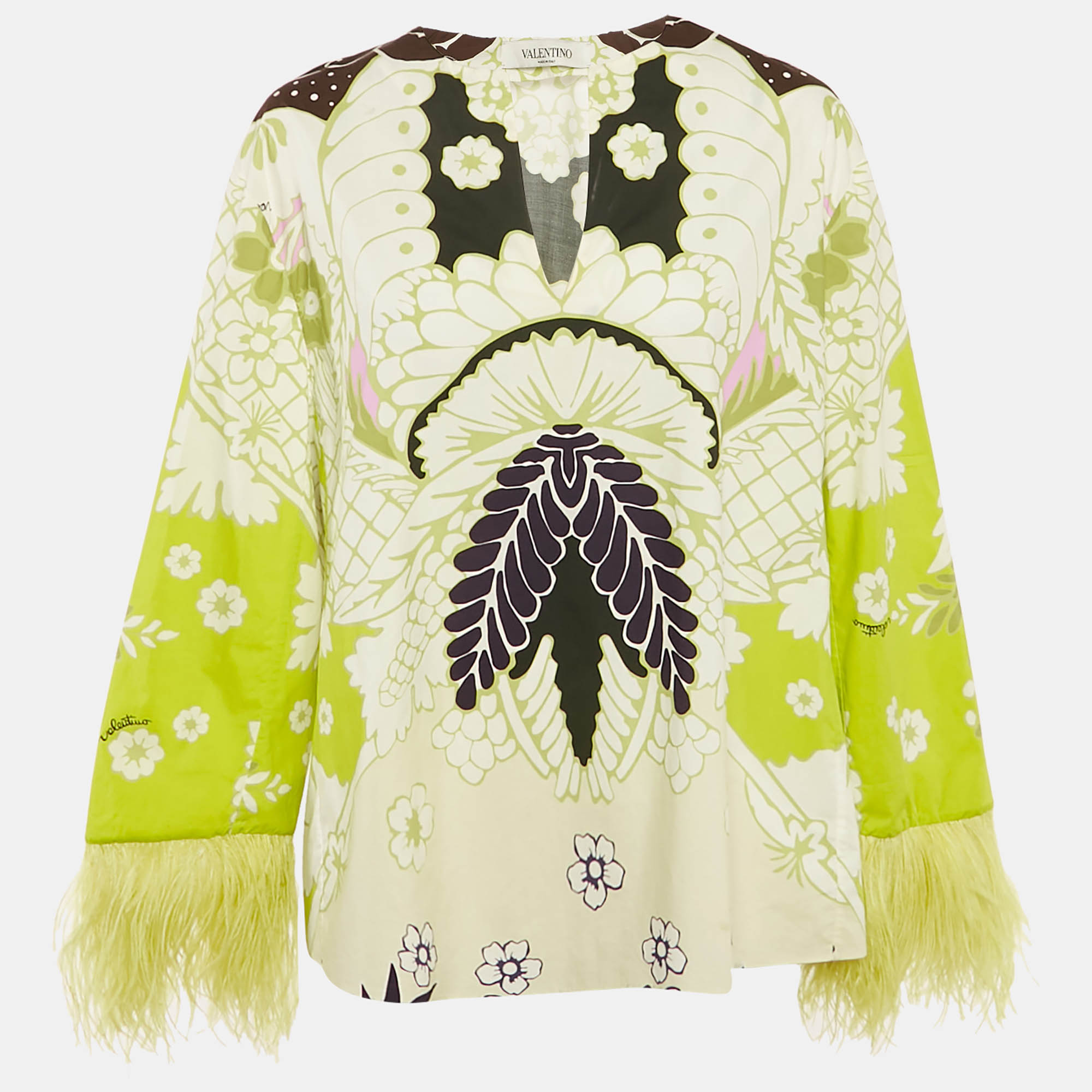 

Valentino Green Arazzo Print Cotton Poplin Feather Detail Blouse M