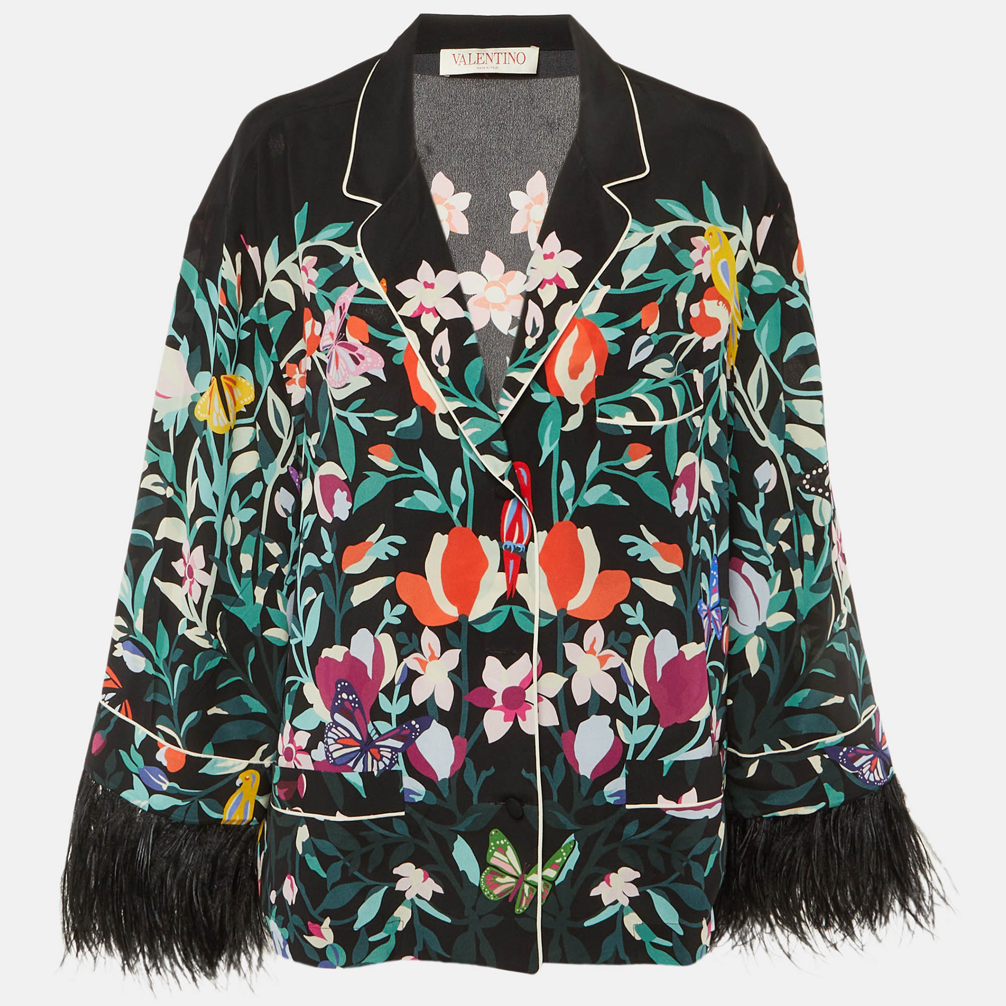 

Valentino Black Floral print Silk Feather Trim Shirt XL