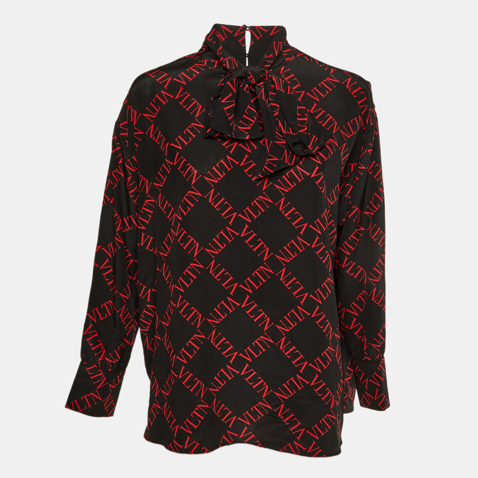 Valentino Black/Red VLTN Print Silk Blend Tie-Up Neck Detail Blouse L