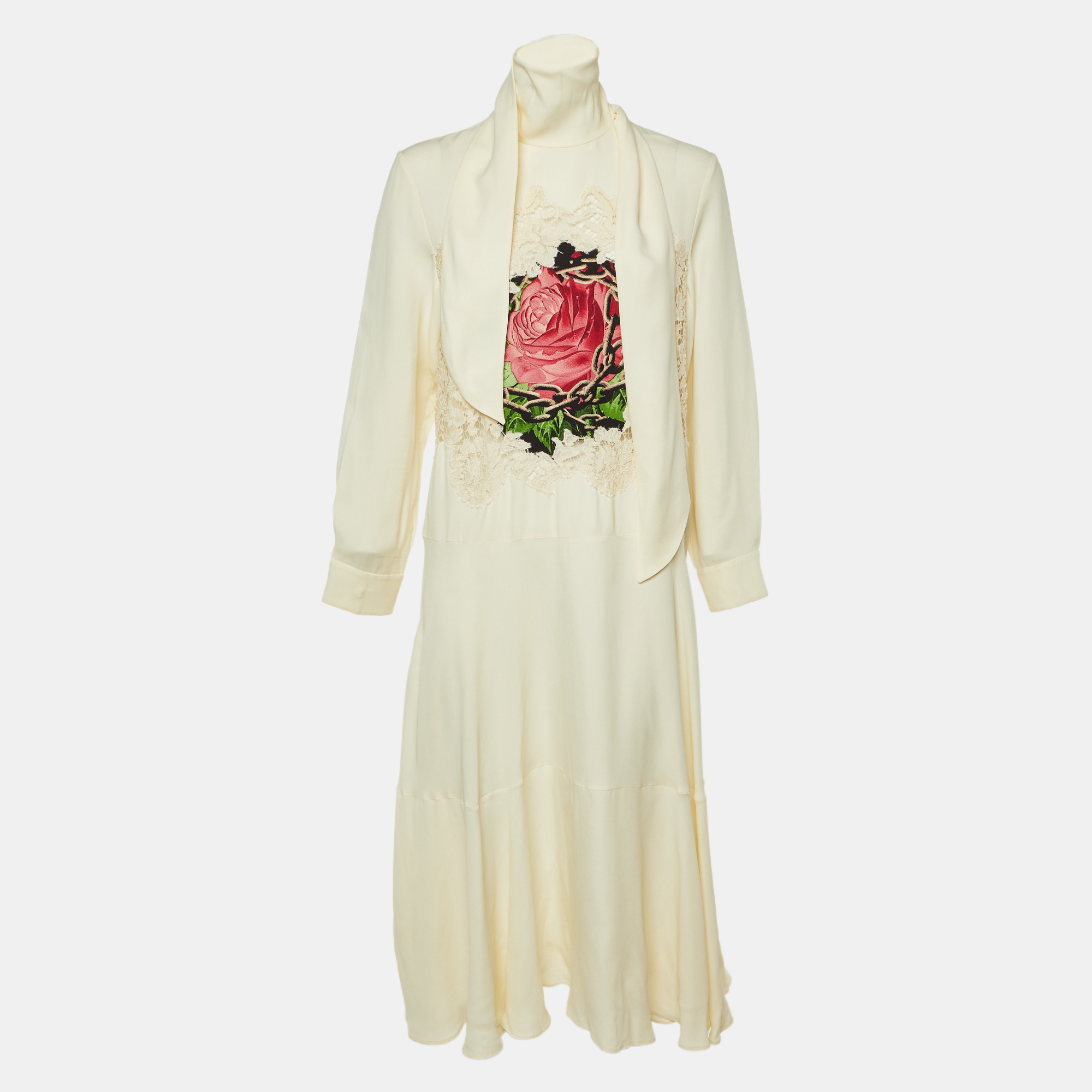 Valentino Cream Crepe Rose Embroidered Midi Dress L