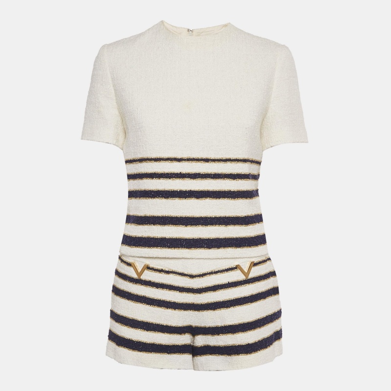 

Valentino White/Navy Blue Striped Tweed Mariniere Top & Shorts Set S