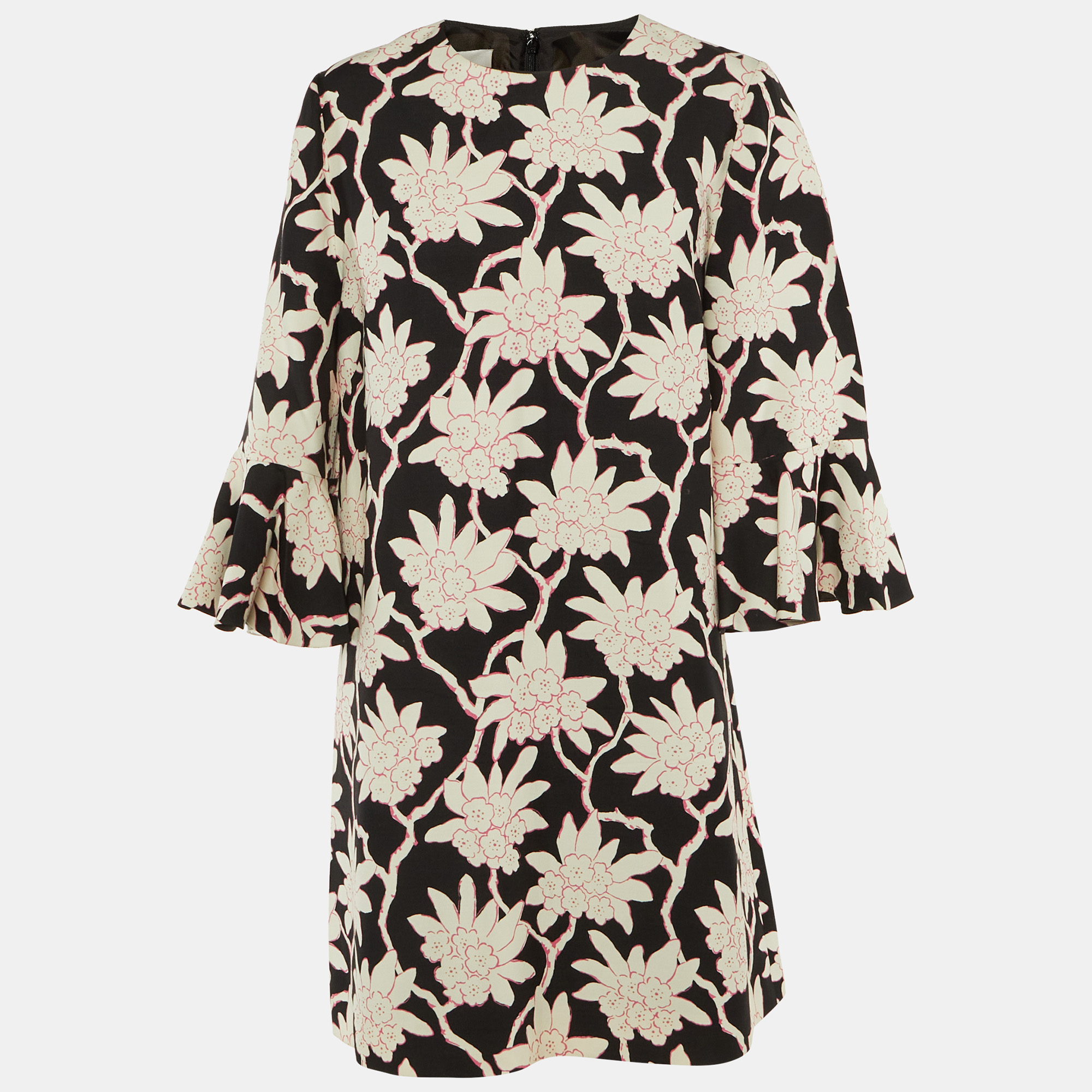 Pre-owned Valentino Black Floral Print Wool & Silk Shift Dress Xl