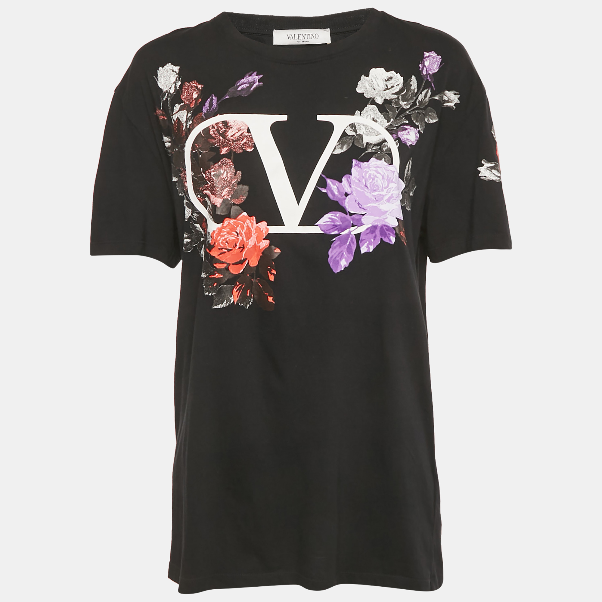 

Valentino Black Floral V Logo Print Cotton T-Shirt L