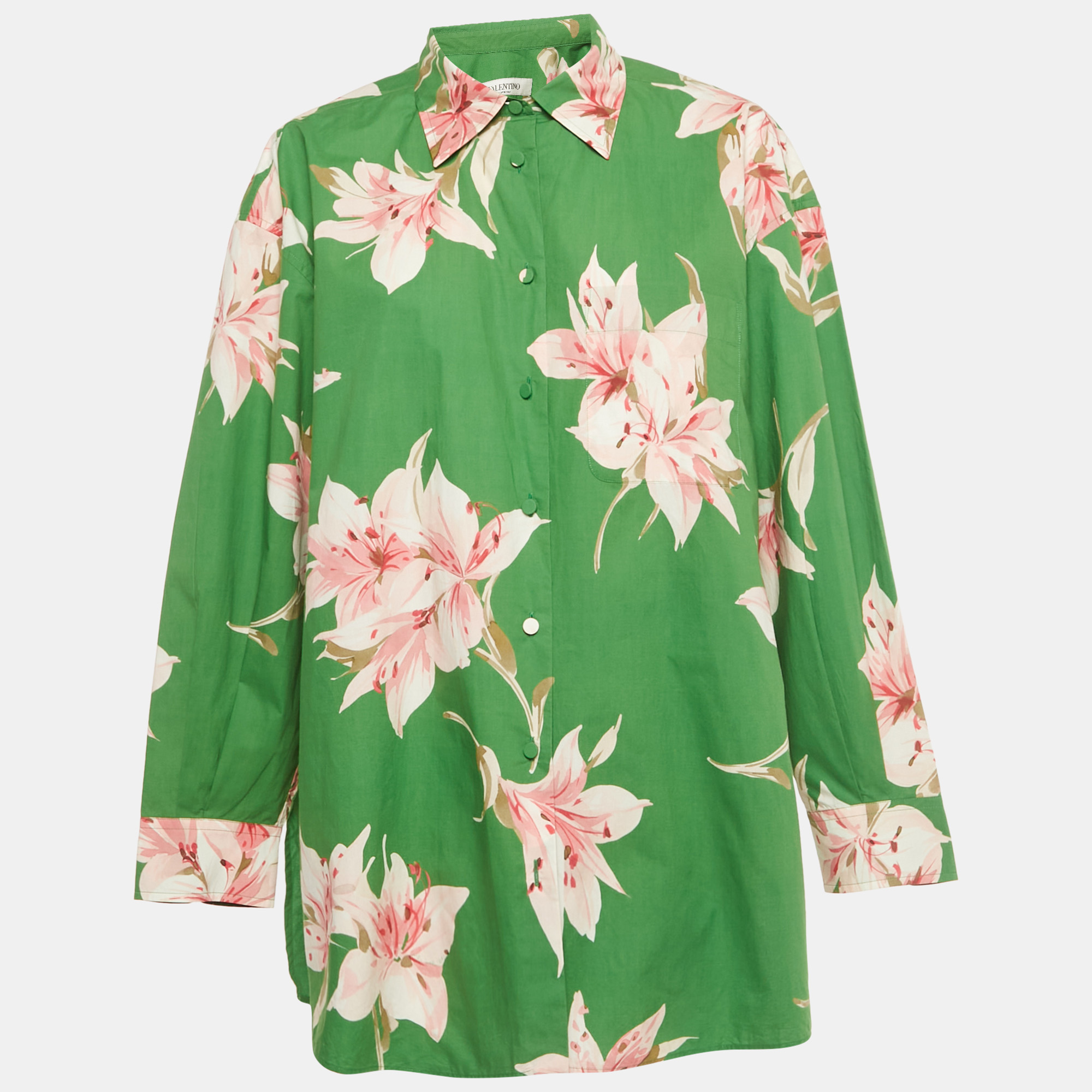Pre-owned Valentino Green Floral Print Cotton Oversized Shirt S