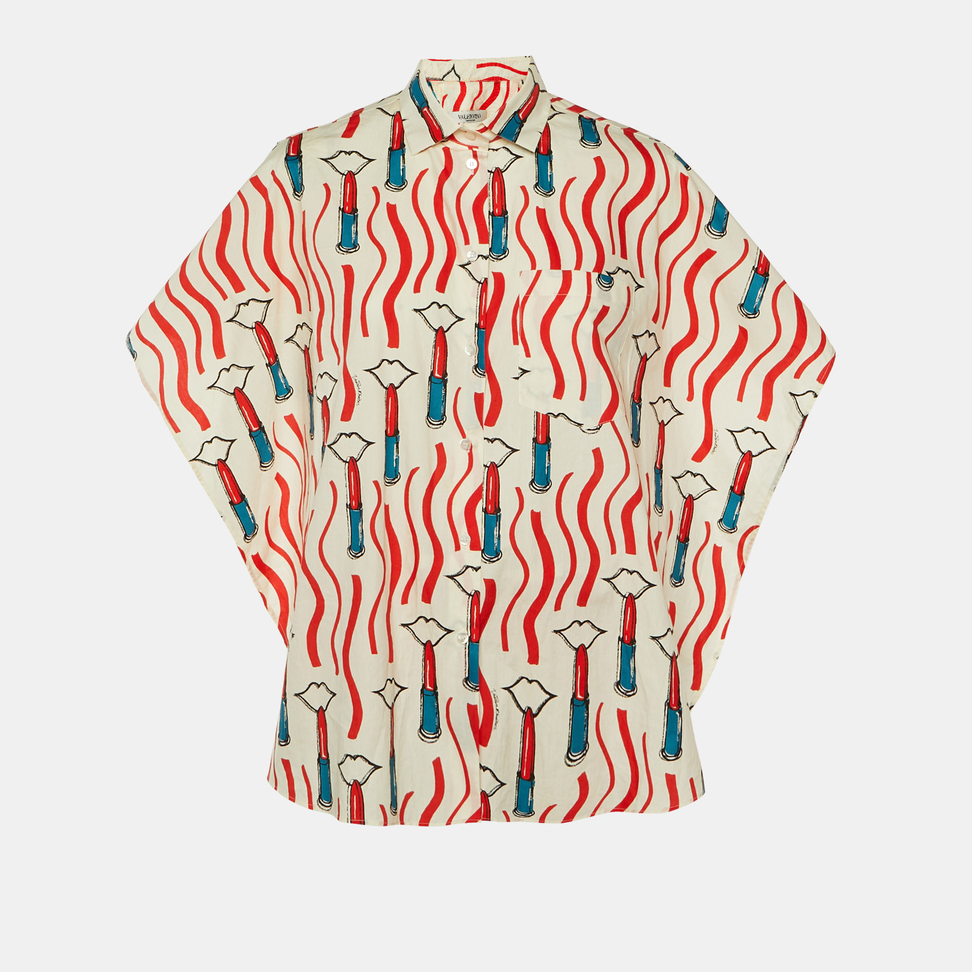 

Valentino White Lipstick Print Cotton Tie Front Open Top M