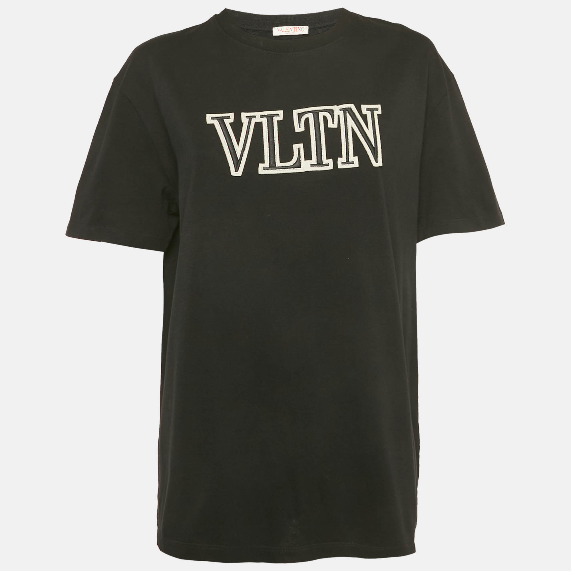 Click to view more detailed imagery on our partner's website Pre-owned Valentino Black Cotton Vltn Appliqued Crew Neck T-shirt M