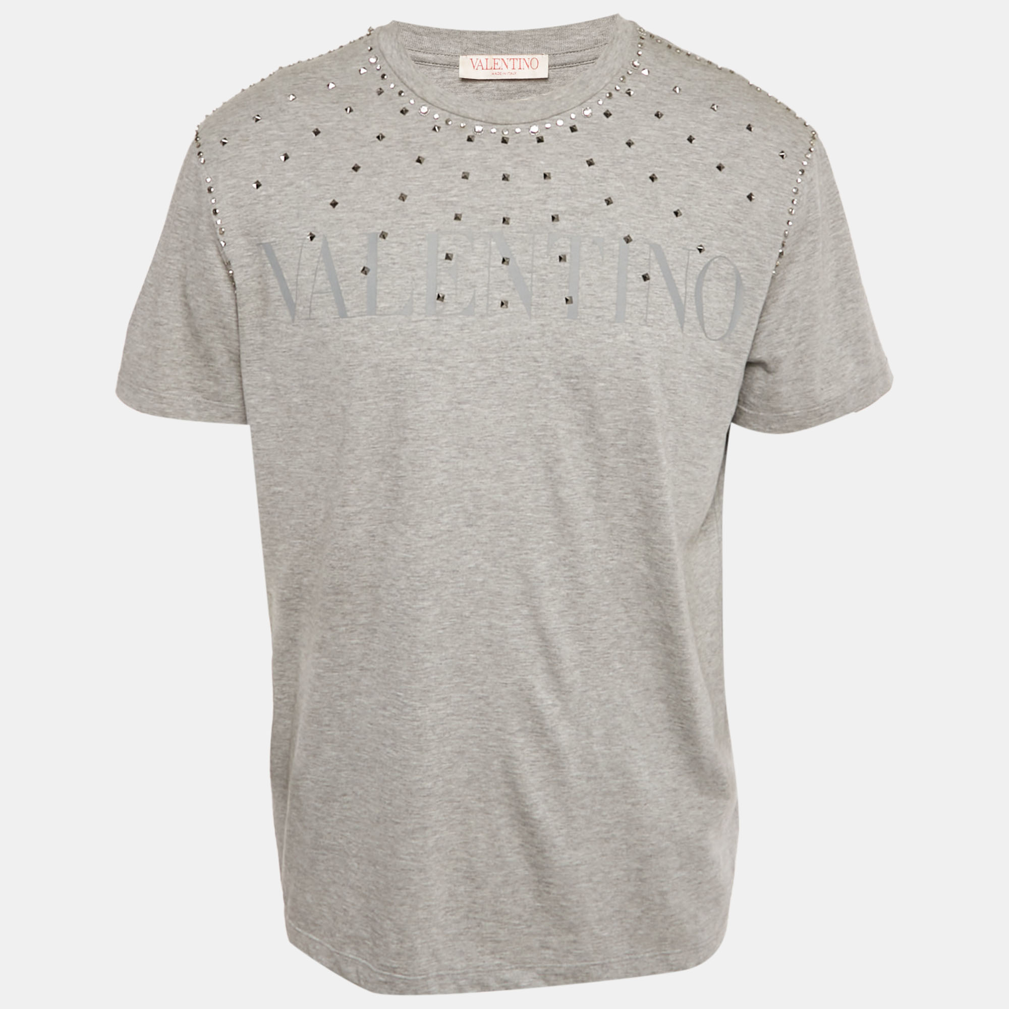 Click to view more detailed imagery on our partner's website Pre-owned Valentino Grey Logo Printed Cotton Nit Embellished Detail T-shirt L In Gray