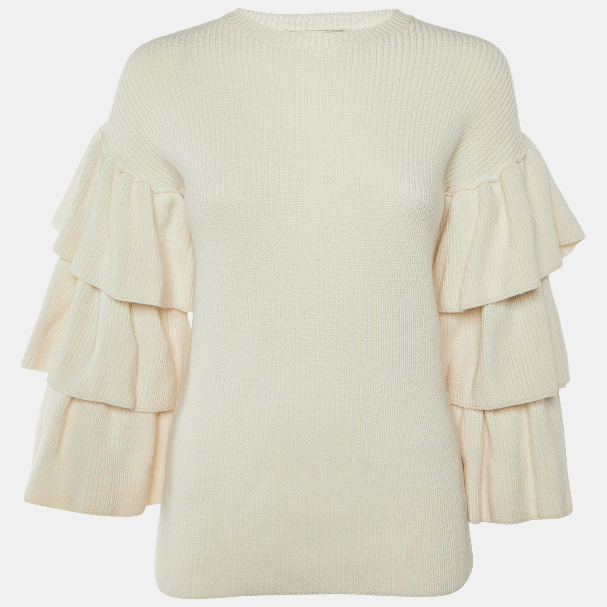 Pre-owned Valentino Cream Wool Knit Ruffle Sleeve Jumper S In White