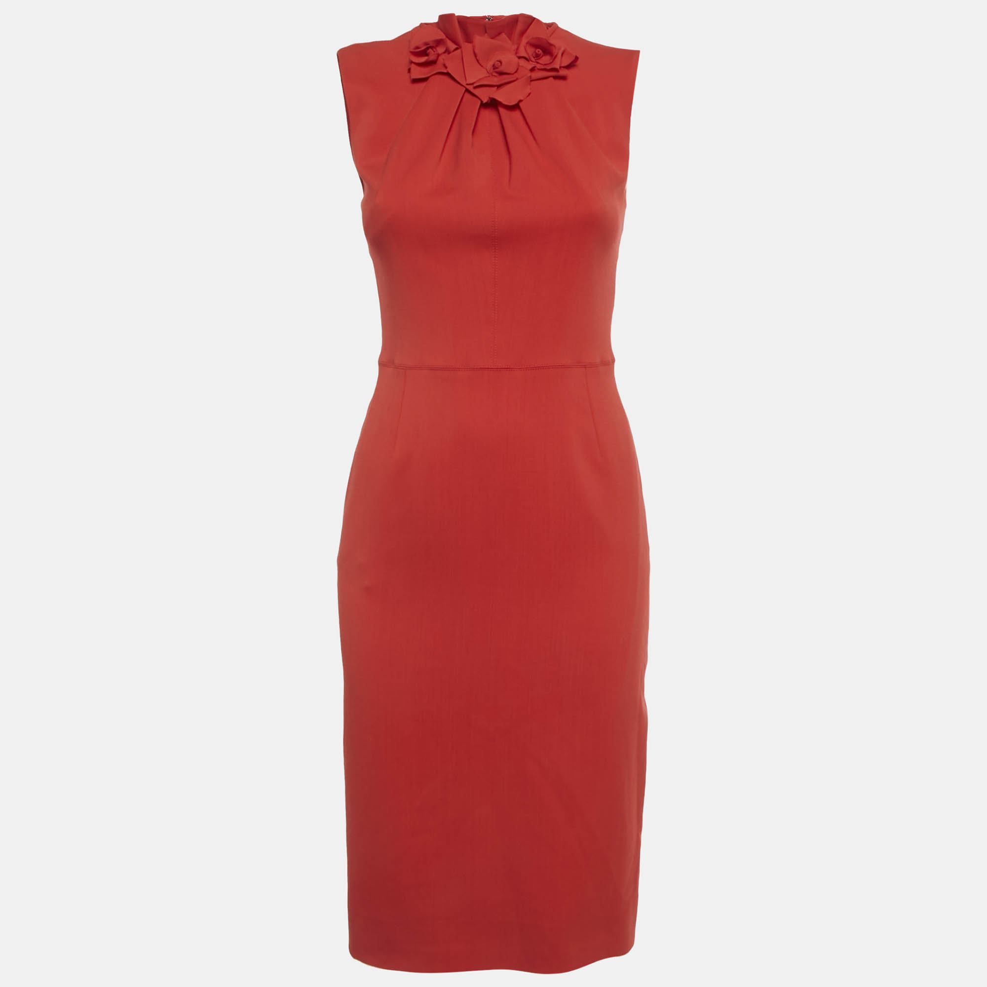 

Valentino Red Floral Applique Wool Sheath Dress M