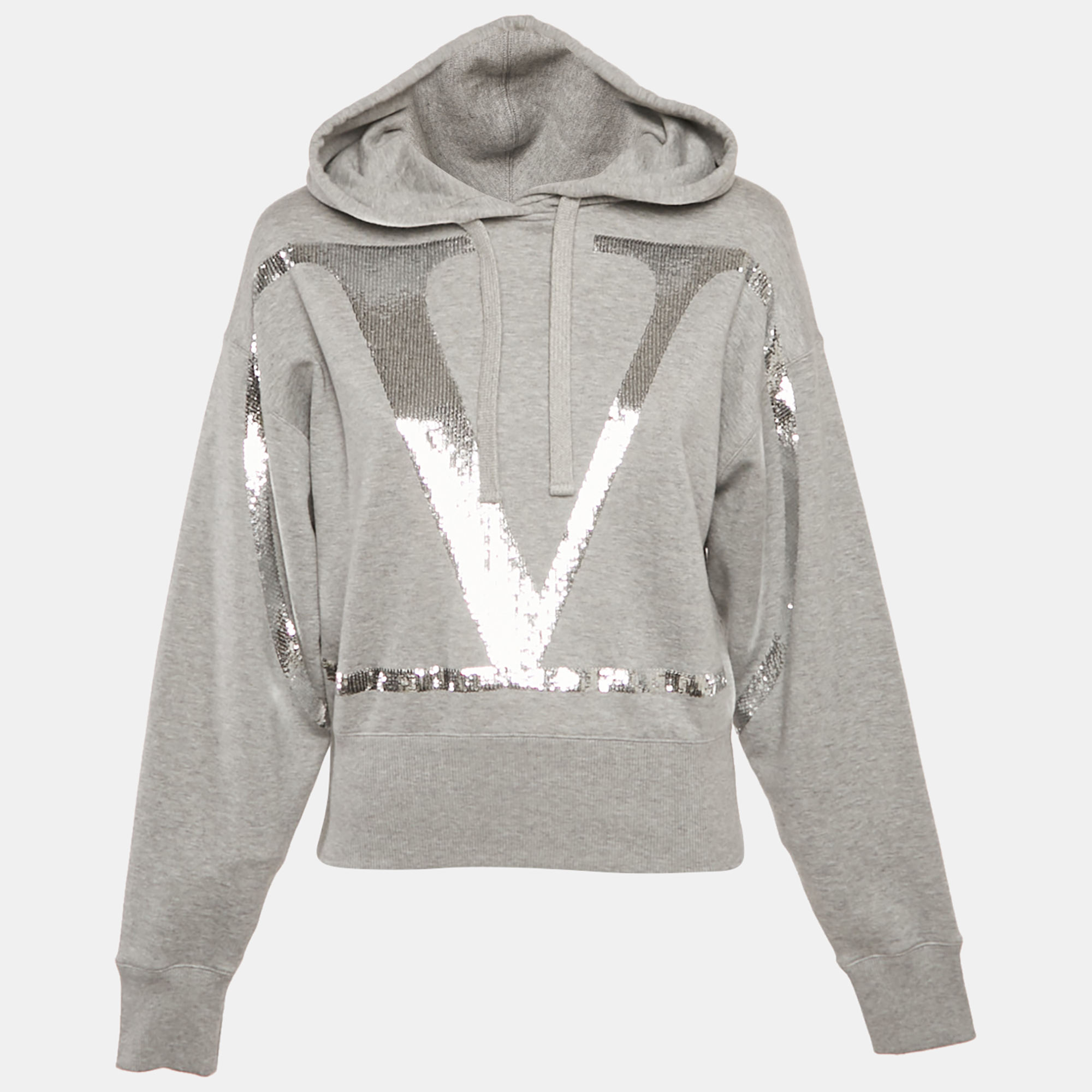 

Valentino Grey Logo Sequin Cotton Knit Hooded Sweatshirt M