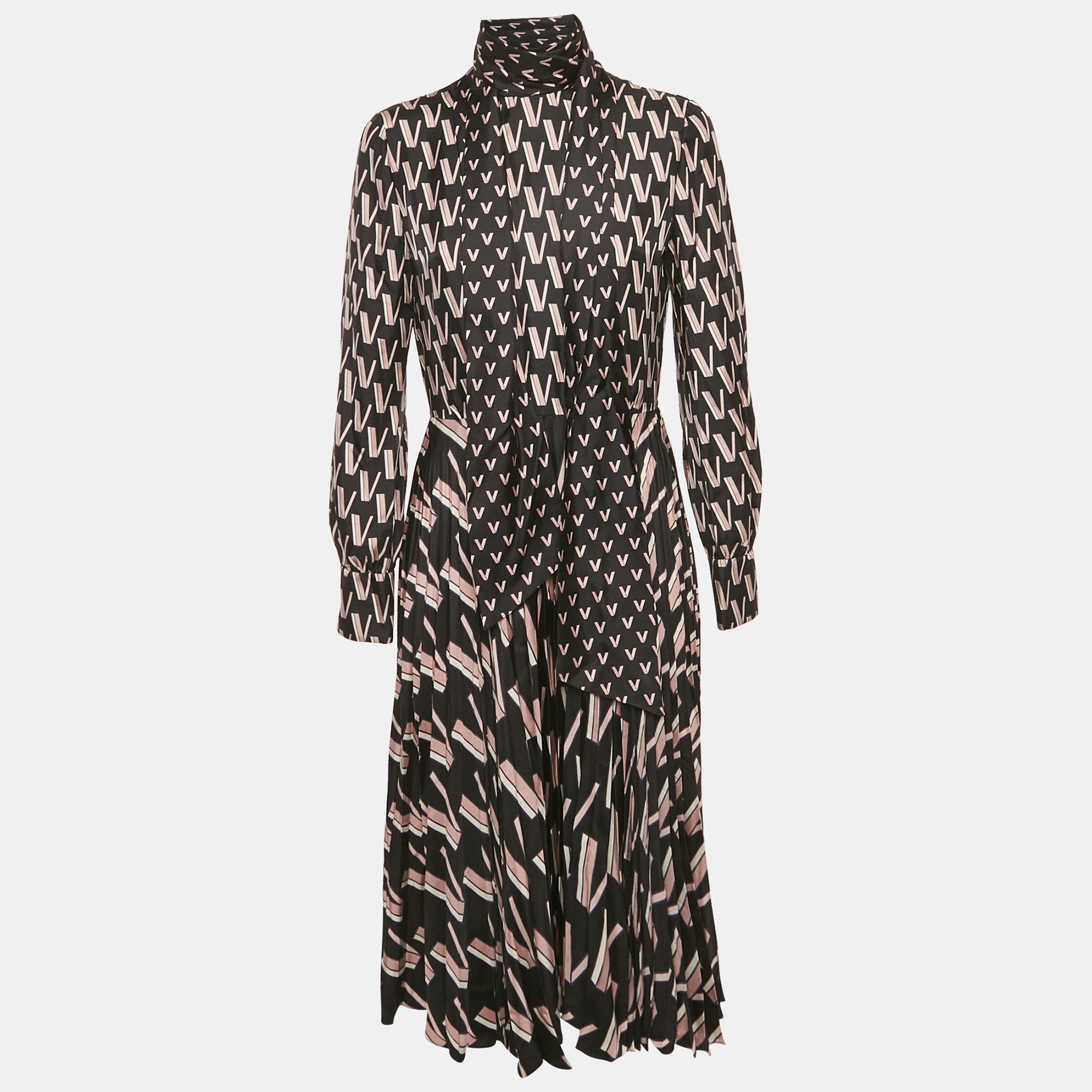 

Valentino Black/Pink Printed Silk Plissé Midi Dress M
