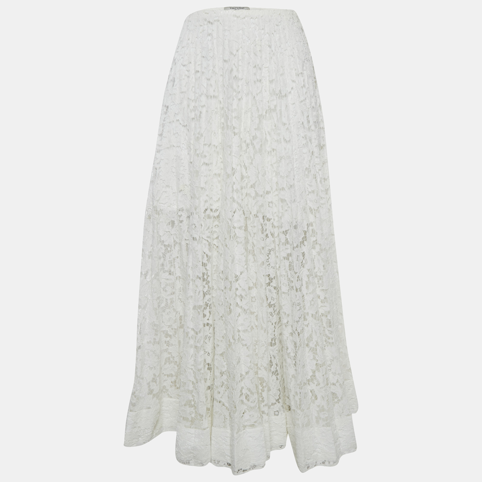 

Valentino White Floral Lace Pleated Maxi Skirt S