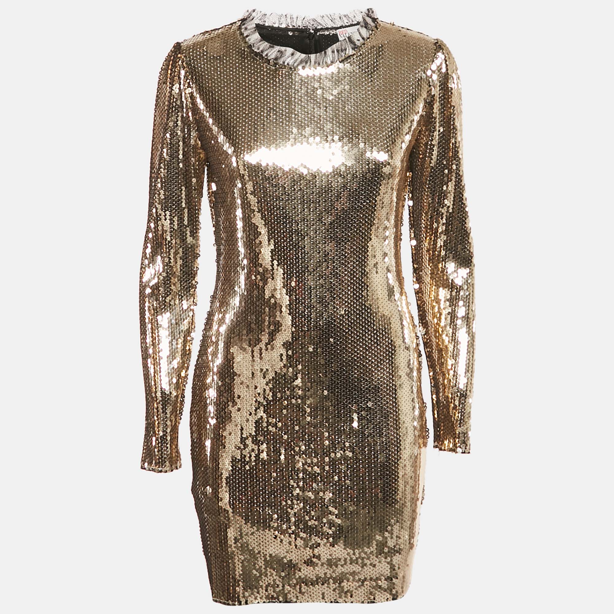 

Valentino Gold Sequin Jersey Long Sleeve Mini Dress XL