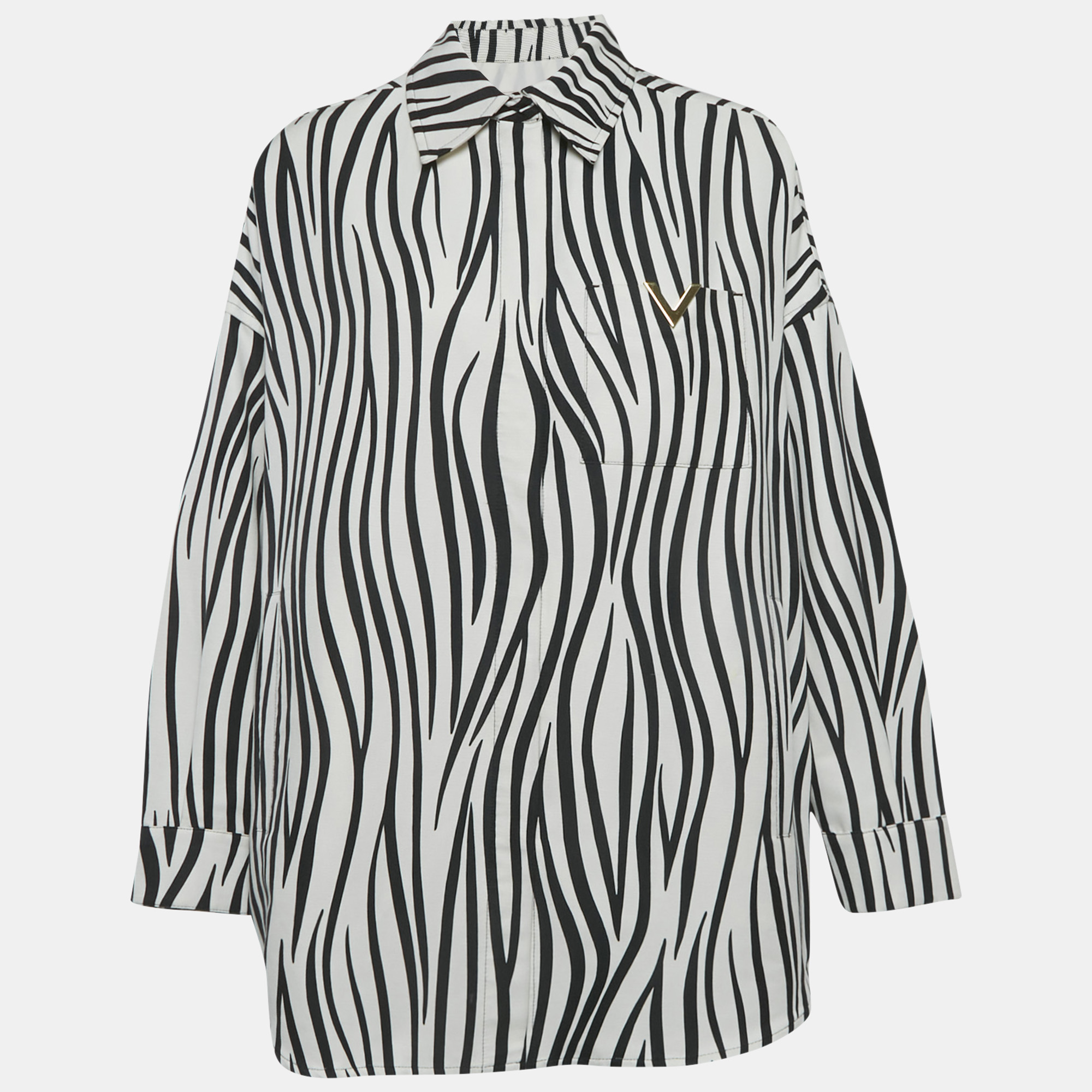 

Valentino White/Black Zebra Print Cotton V Detail Oversized Shirt XS