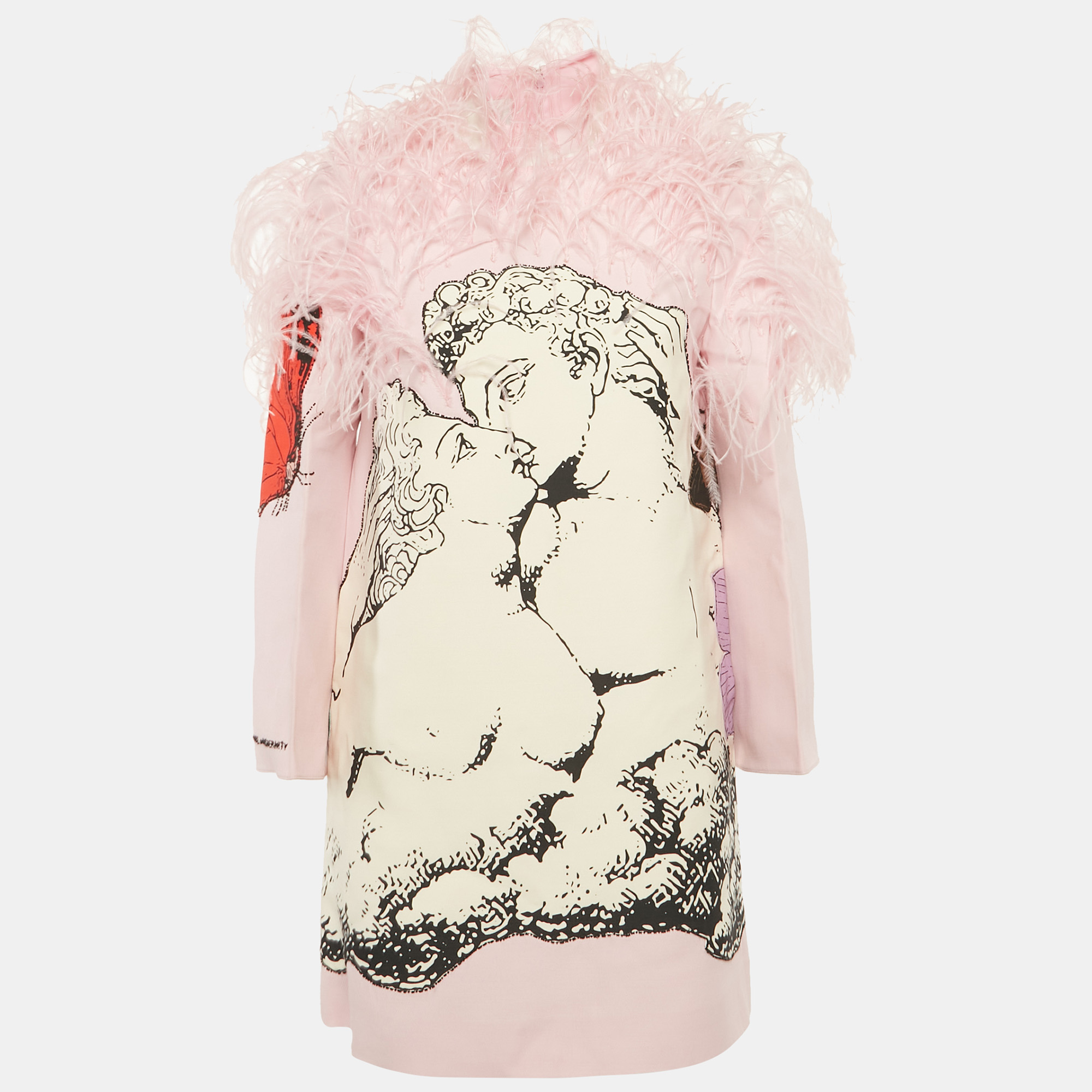 

Valentino Pink Graphic Print Wool Blend Feather Trim Dress S