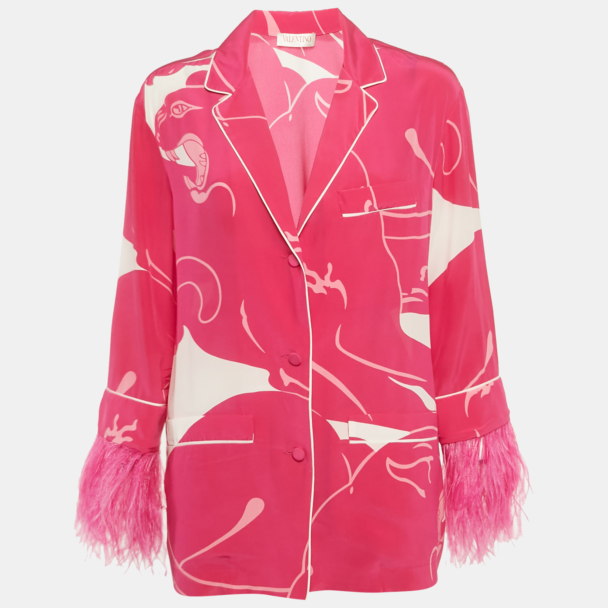 

Valentino Pink Panther Motif Silk Feather Trim Shirt XS