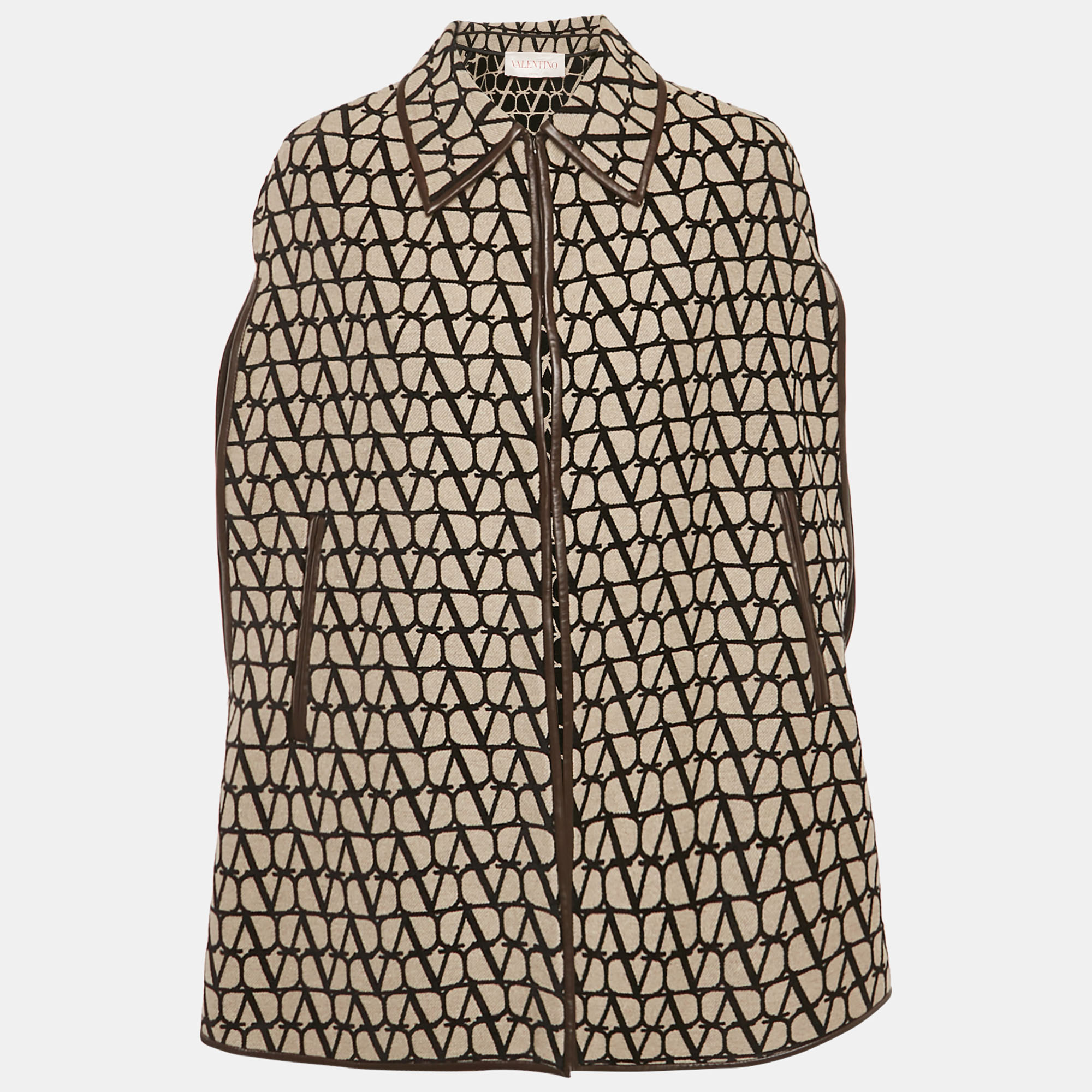 

Valentino Beige Monogram Canvas Leather Trim Cape S