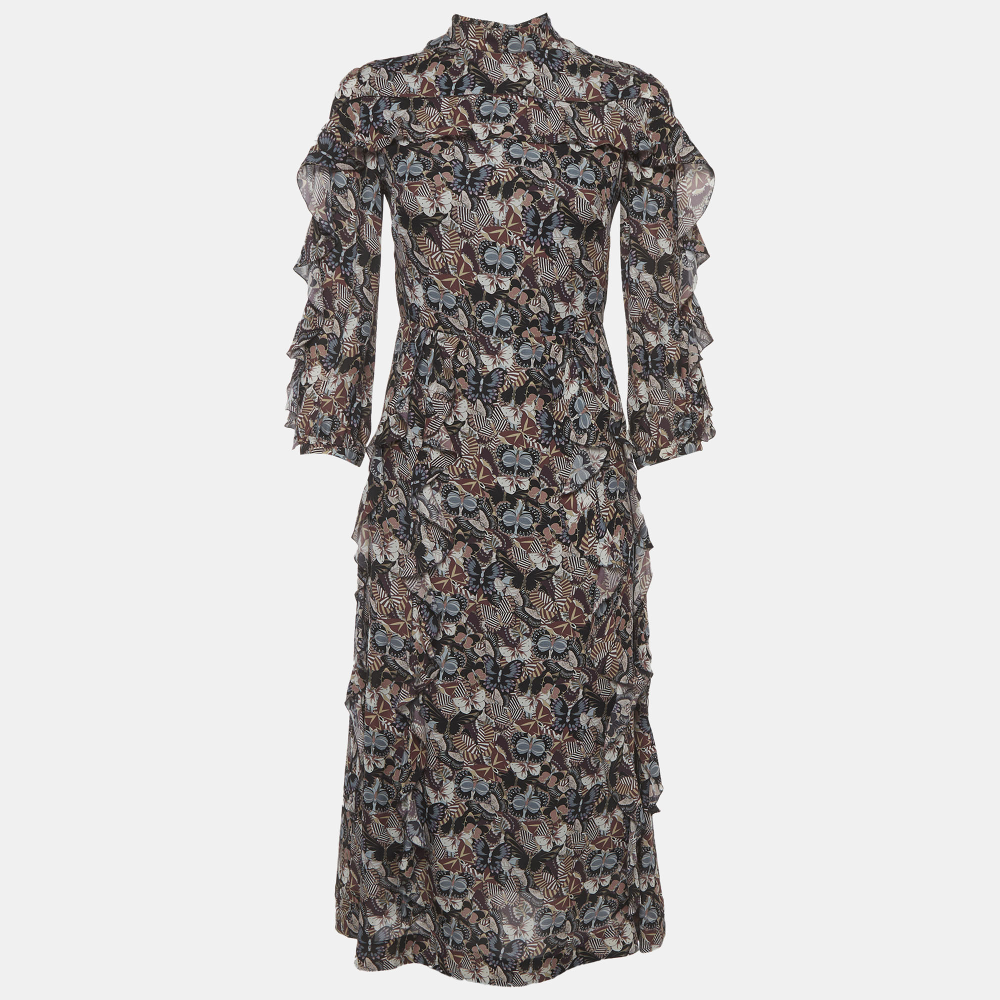 

Valentino Black Floral Print Silk Ruffled Midi Dress S